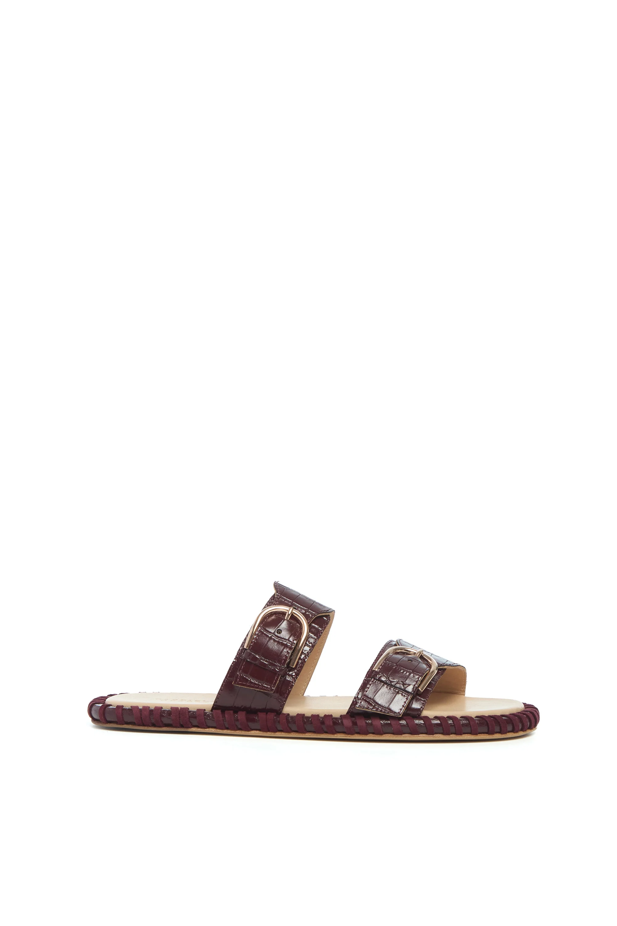 Sage Flat Sandal in Bordeaux Crocodile Embossed Leather - 1