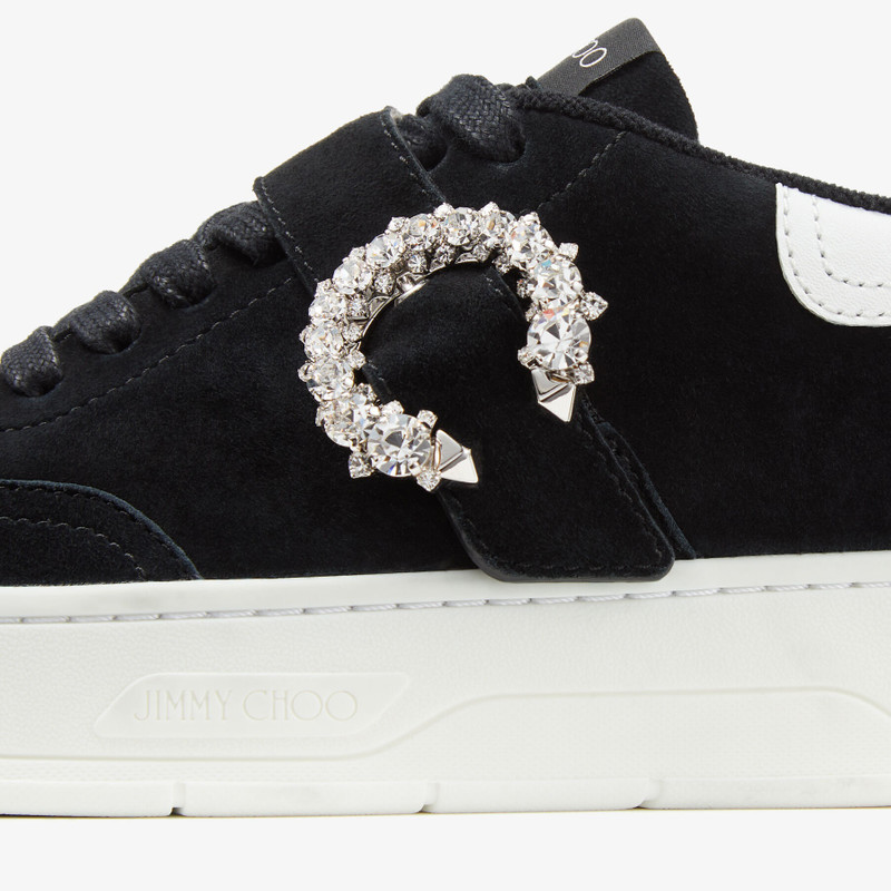 Osaka Lace Up Black Suede and White Calf Leather Low Top Trainers with Crystal Buckle 4