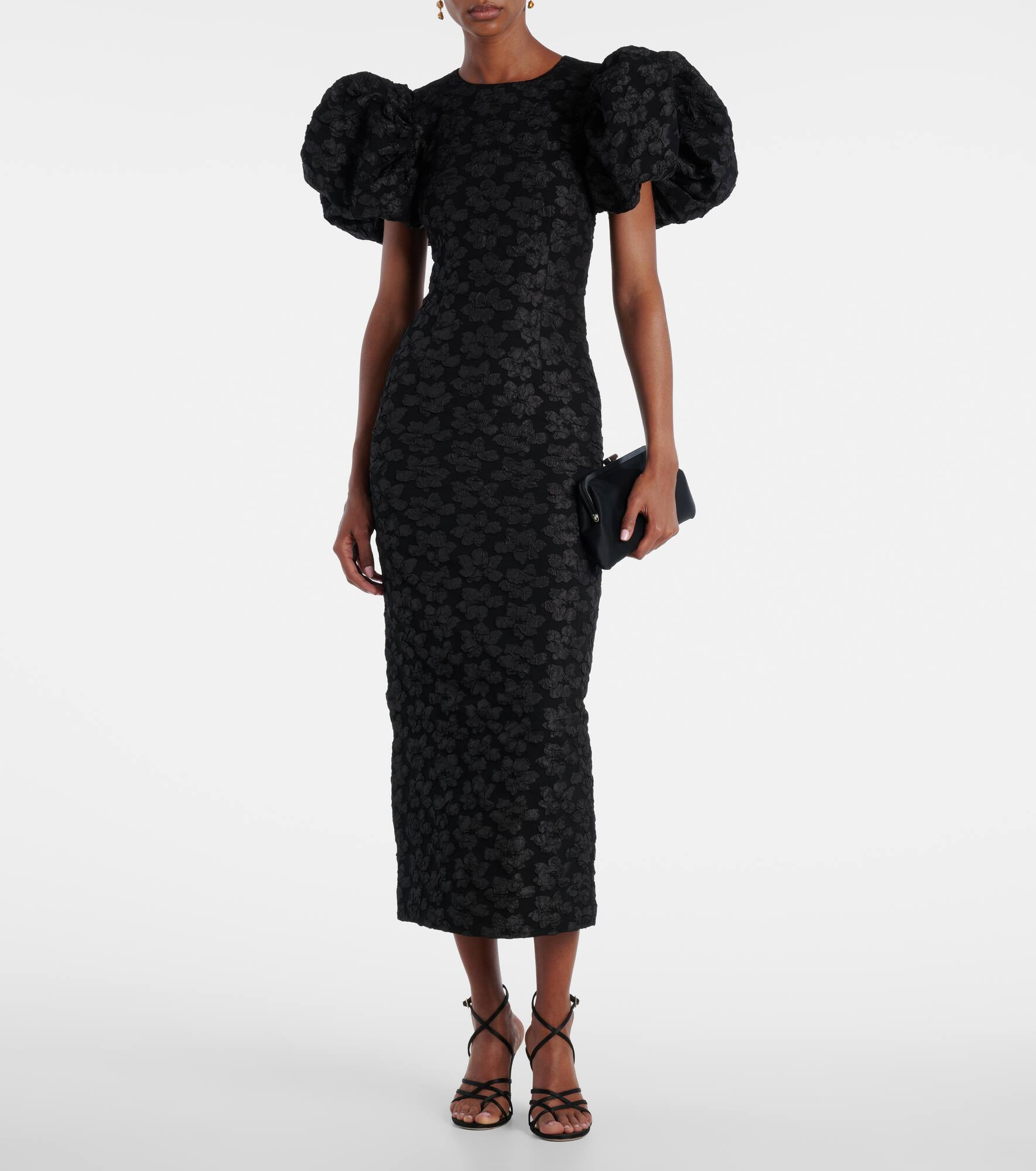 Floral jacquard puff-sleeve midi dress - 2