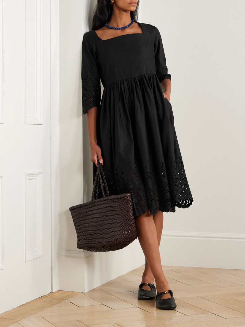 Thierry Colson Amalia pleated broderie anglaise cotton-poplin midi dress Black outlook