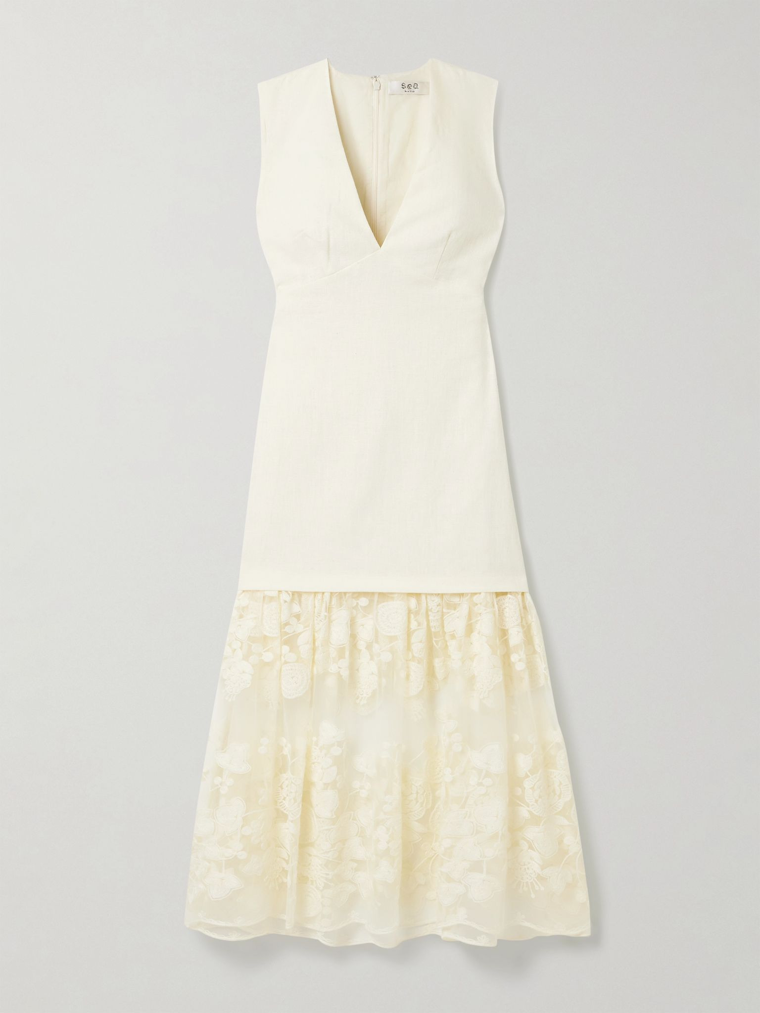 Arielle linen and cotton-blend and embroidered tulle midi dress Cream - 1