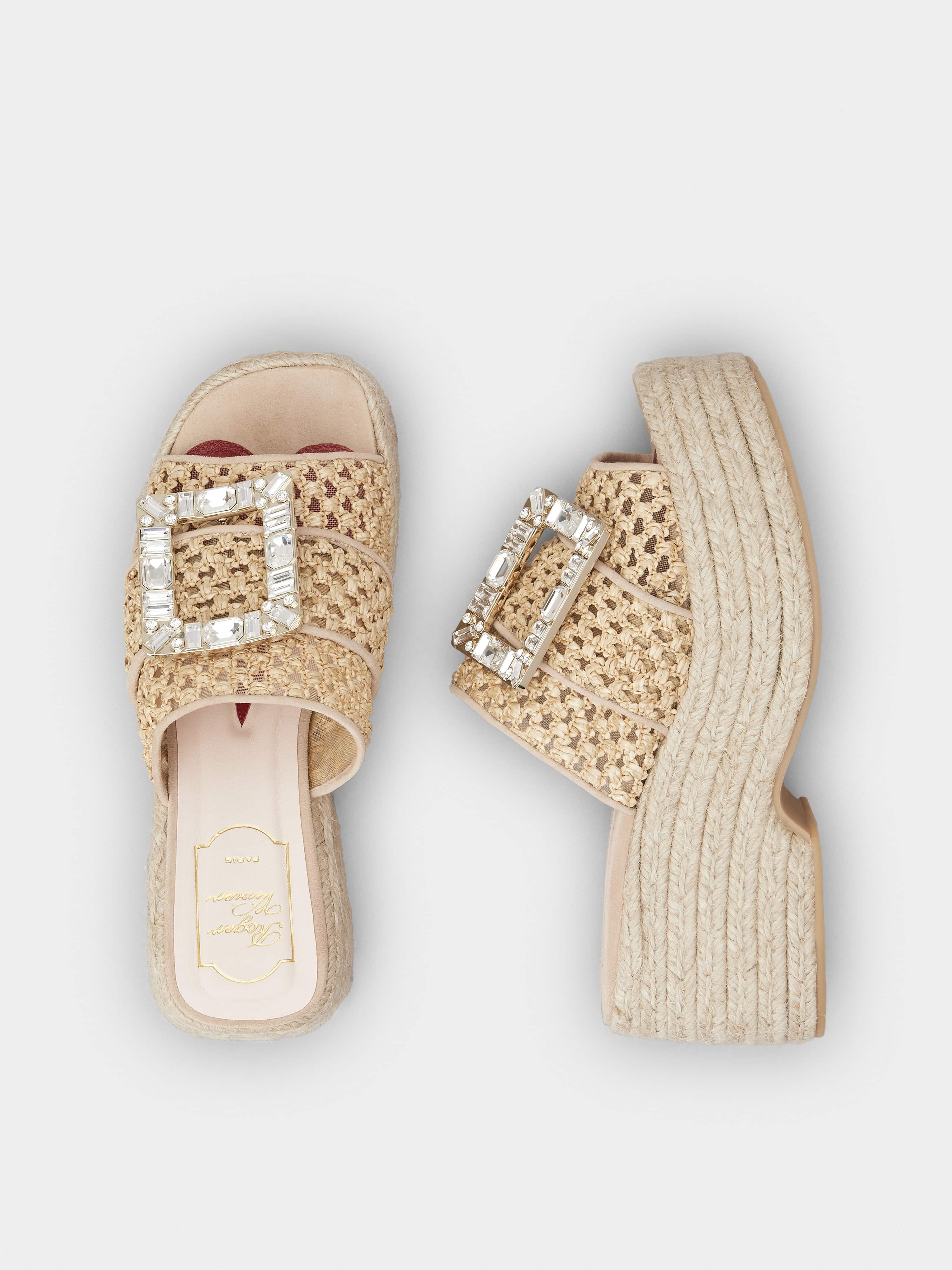 Rhinestone Buckle Espadrille Platform Mules in Raffia - 4