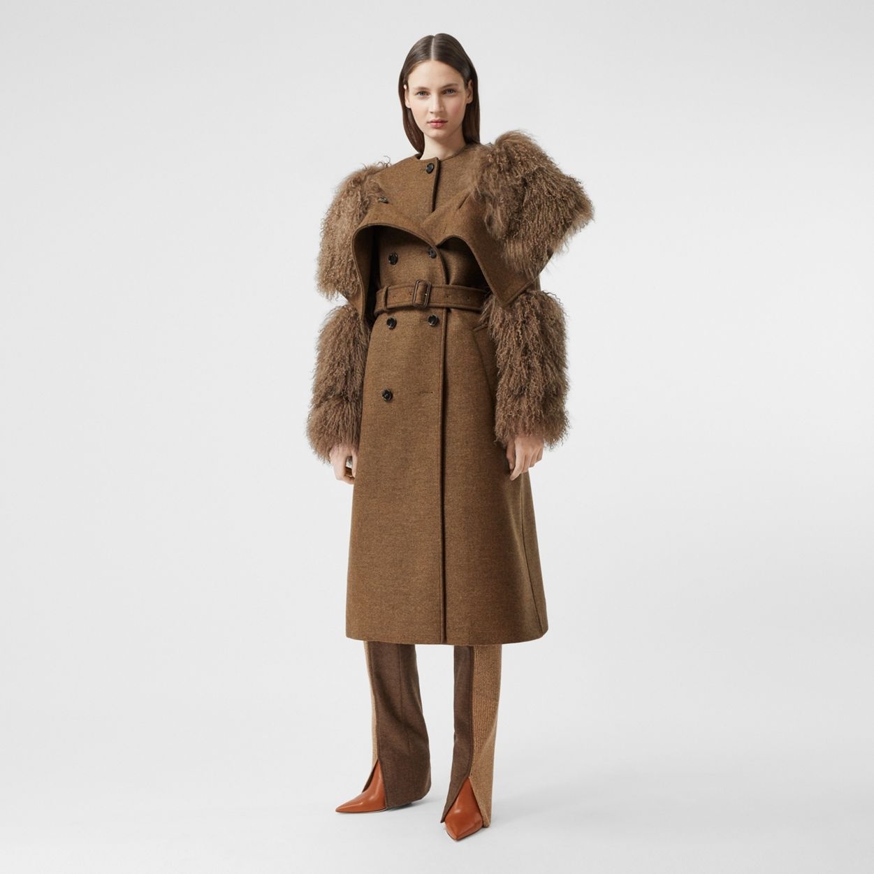 Shearling Trim Wool Cashmere Trench Coat - 2