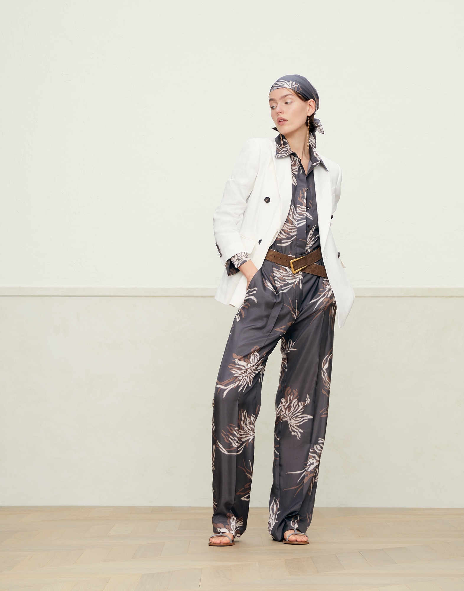 Silk marine flower pongee jumpsuit with shiny pocket - 5