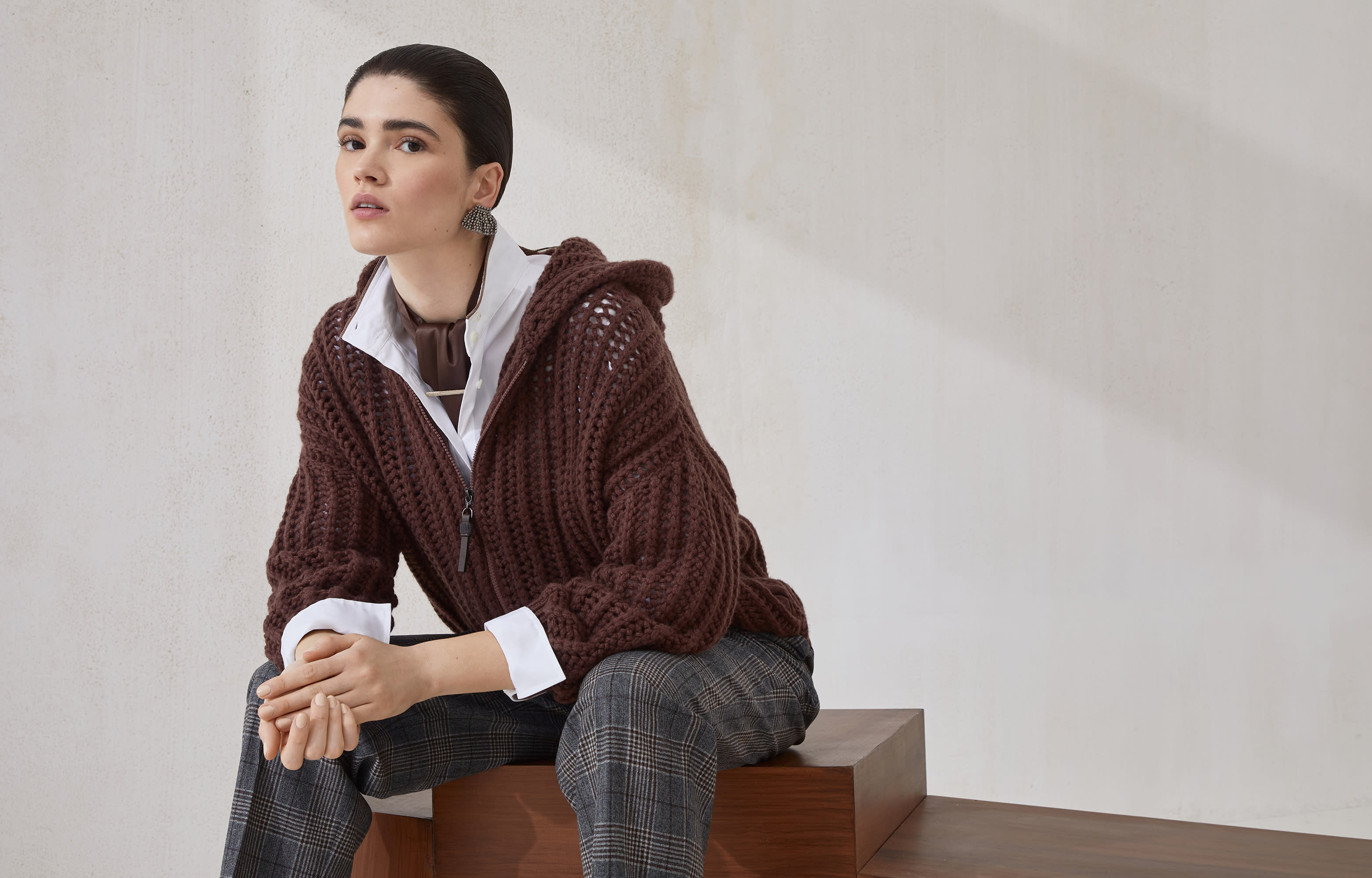 Openwork rib hooded cardigan in cashmere Feather yarn with shiny zipper pull - 6