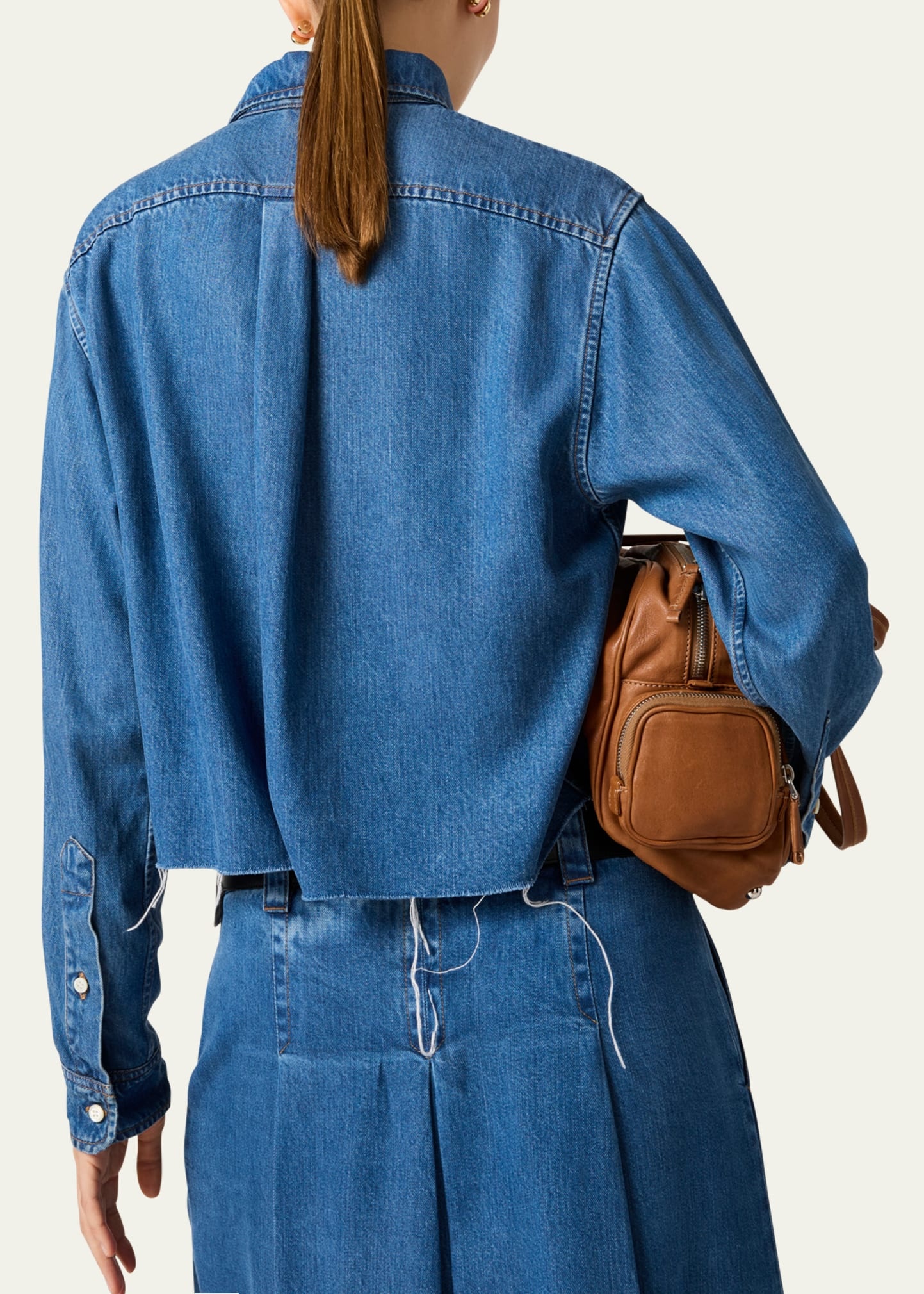 Denim Cropped Collared Button Down Shirt - 3