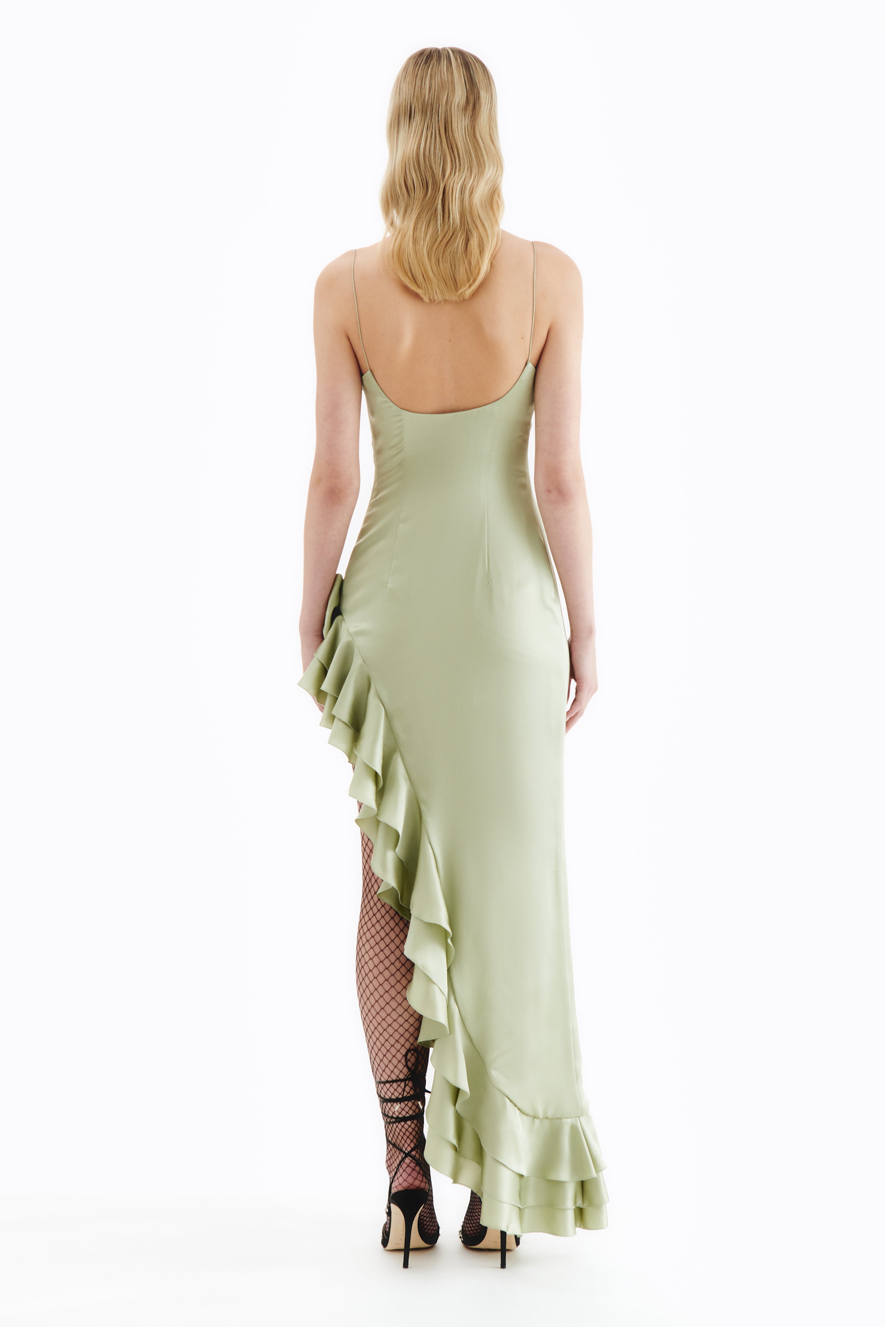 Alessandra Rich SILK SATIN EVENING DRESS WITH VOLANT