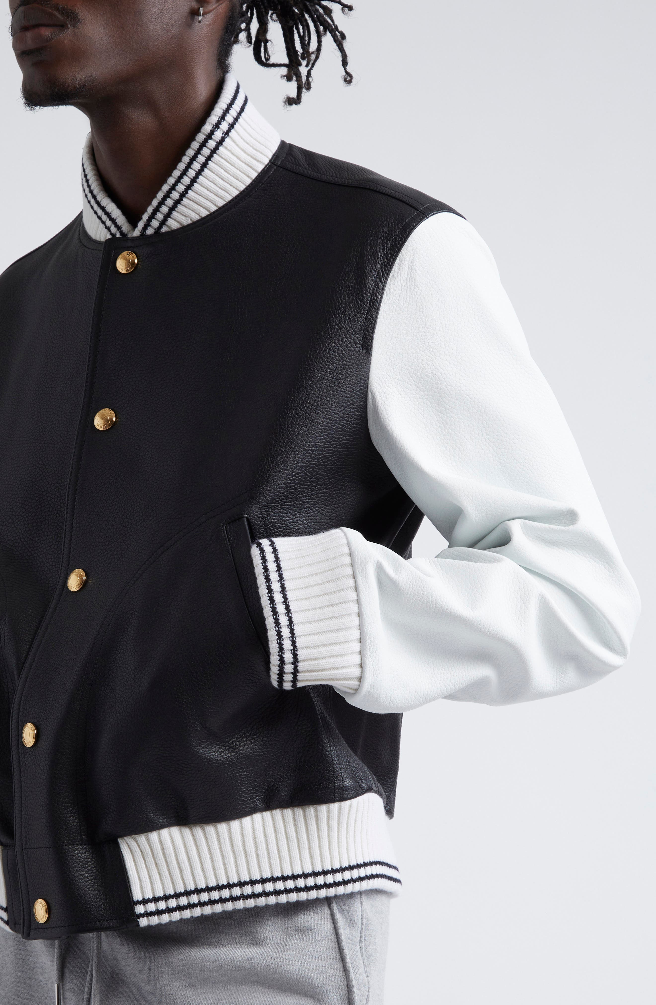 Thom Browne Mixed Media Leather & Wool Bomber Jacket in Black at Nordstrom - 5