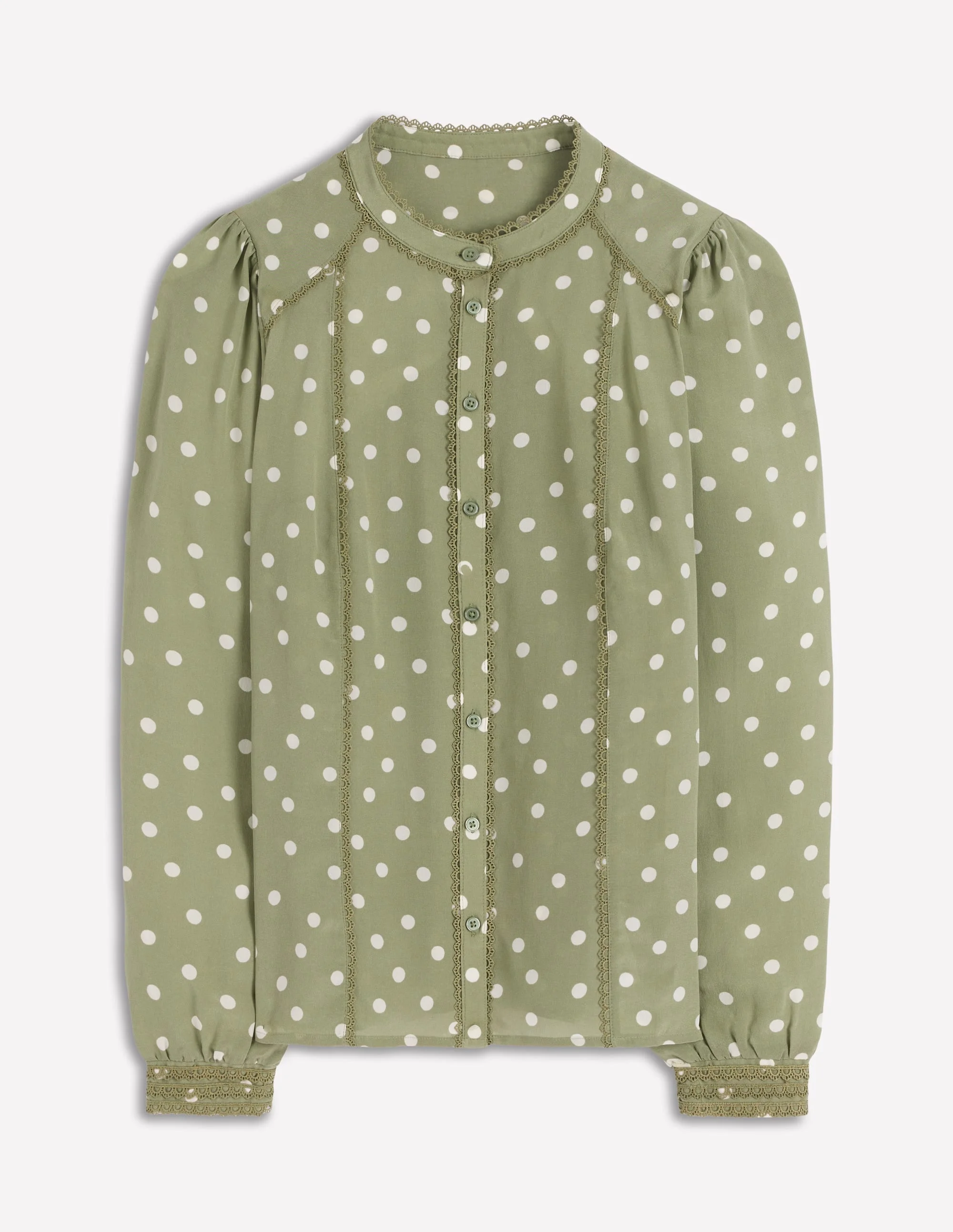 Rhea Trim Detail Silk Top-Larch Green, Painted Dot - 1
