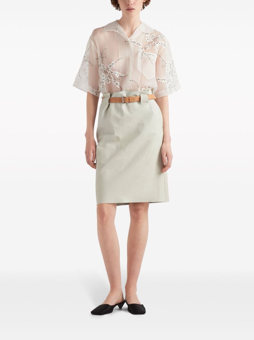 floral-embroidered short-sleeved sheer shirt - 2