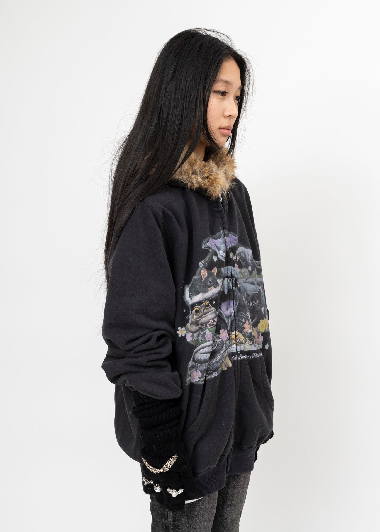 BLACK DOUBLET FURRY COLLAR ZIP-UP HOODIE - 2