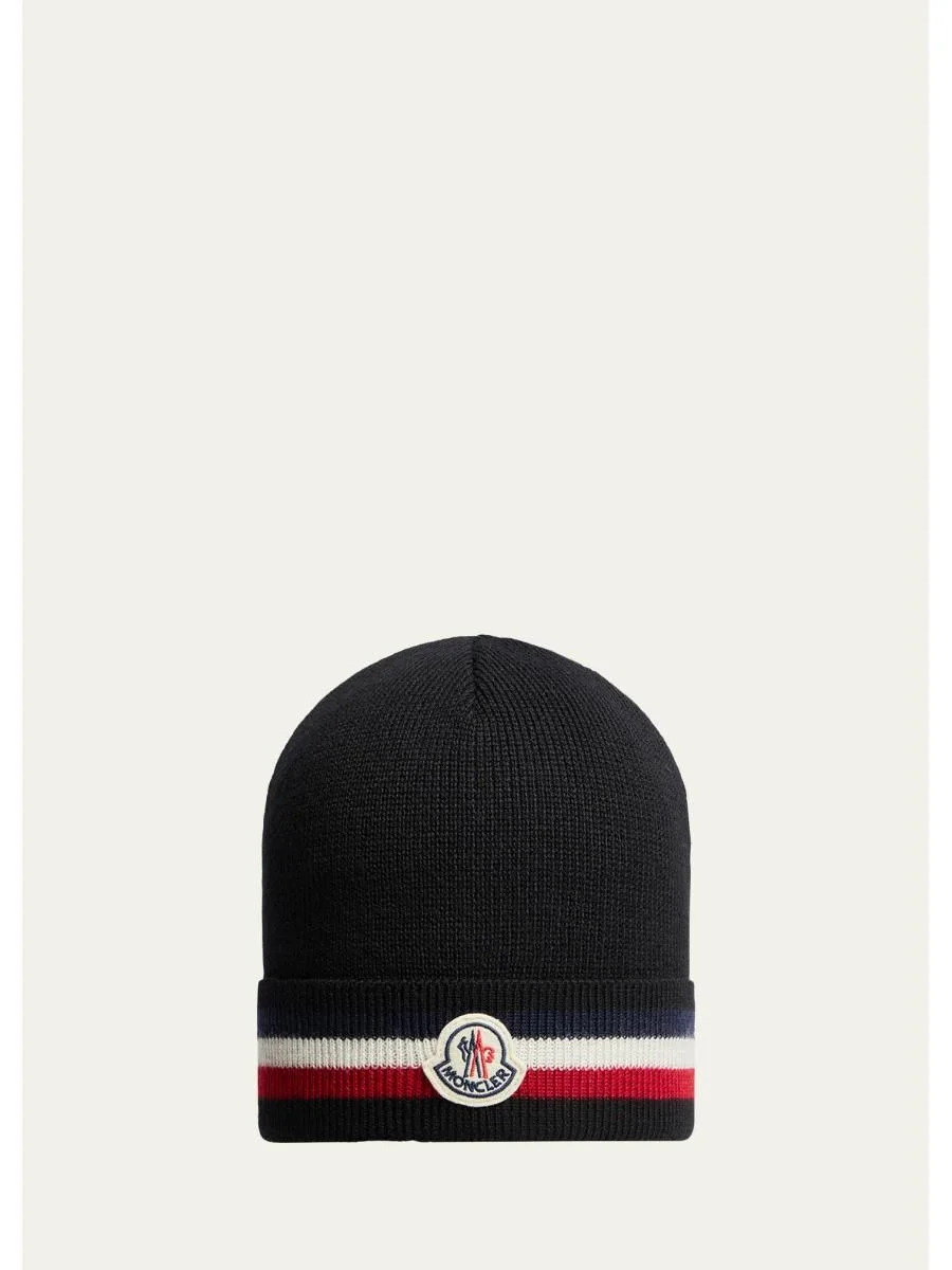 Men's Stripe Logo Emblem Wool-Knit Beanie Hat - 1