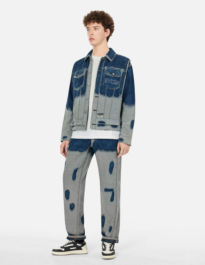 EVISU Distressed Logo and Seagull Embroidery Relax Fit Denim Jacket outlook