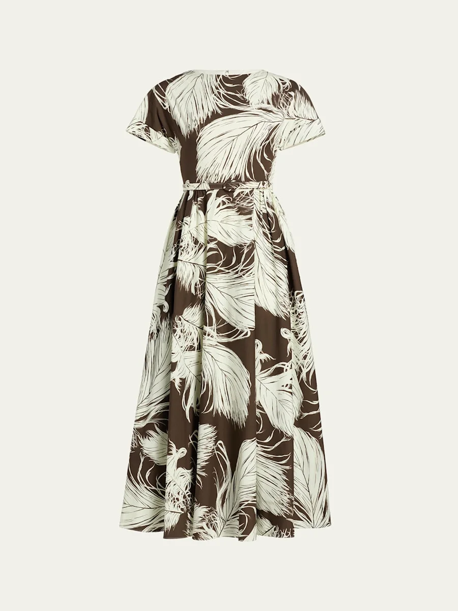 Feather-Print Short-Sleeve Belted Fit-&-Flare Ankle Dress - 1