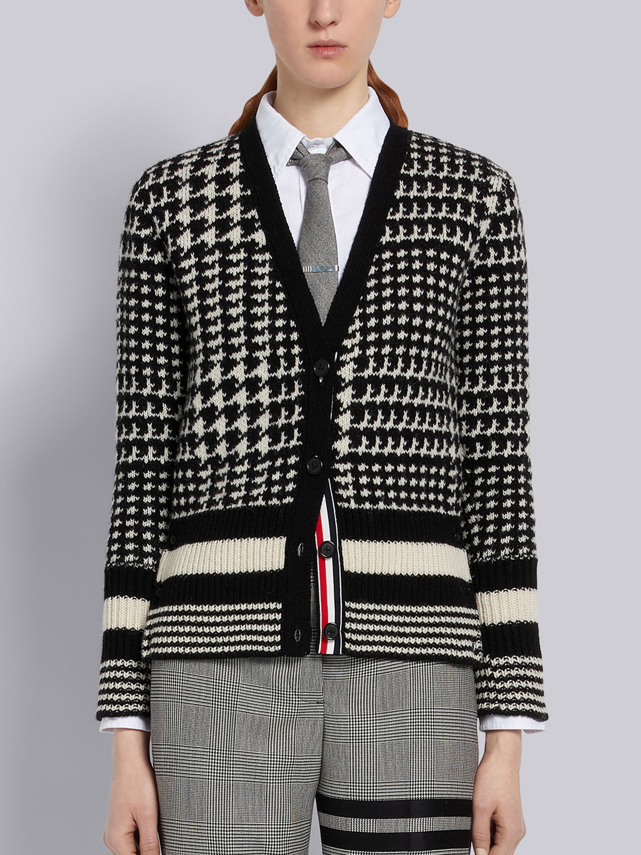 Black and White Shetland Wool Prince of Wales Jacquard Classic V-Neck Cardigan - 1