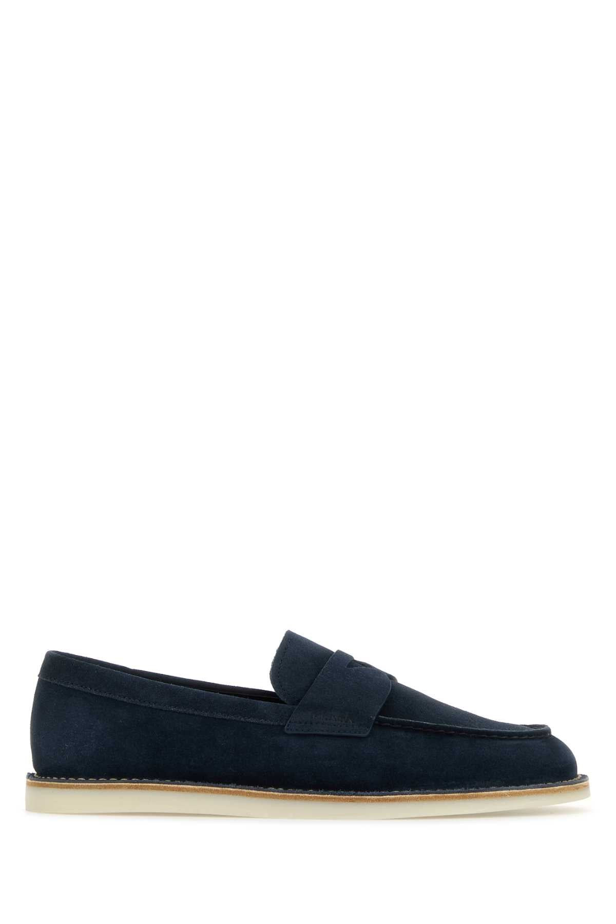 Prada Men Navy Blue Suede Loafers - 1