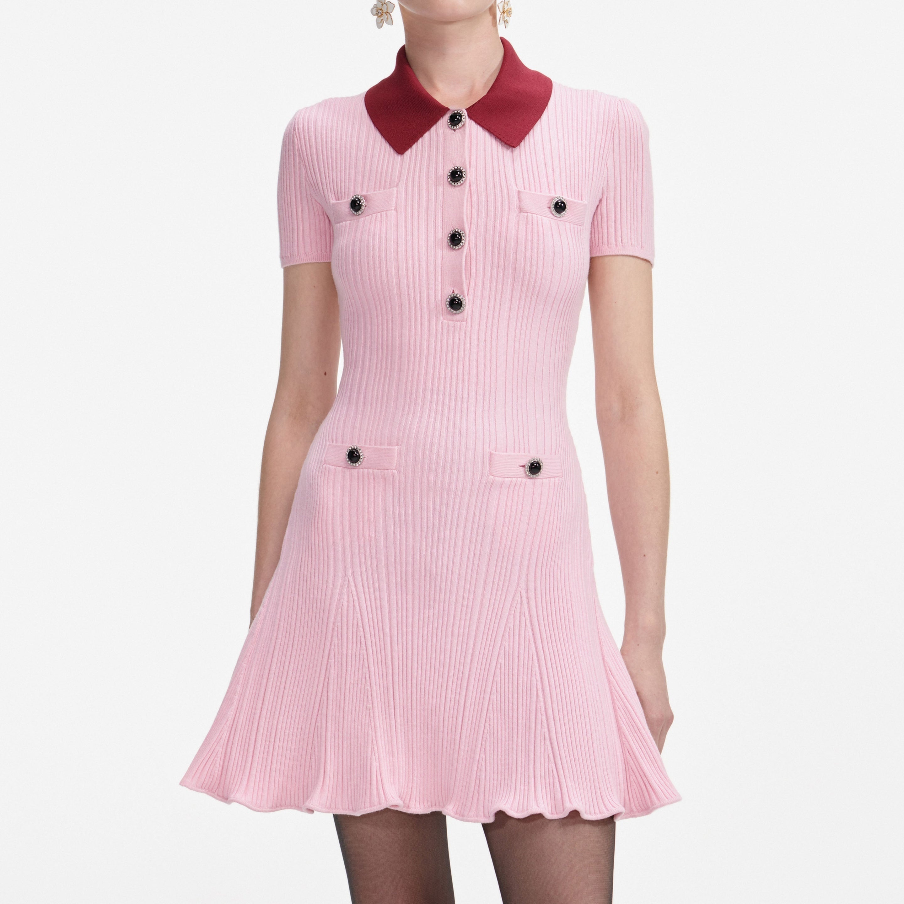 Pink Contrast Collar Knit Mini Dress - 4