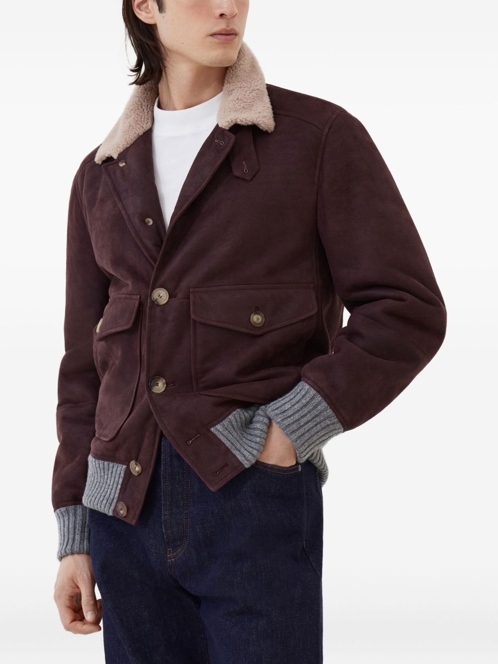 shearling-collar leather jacket - 3