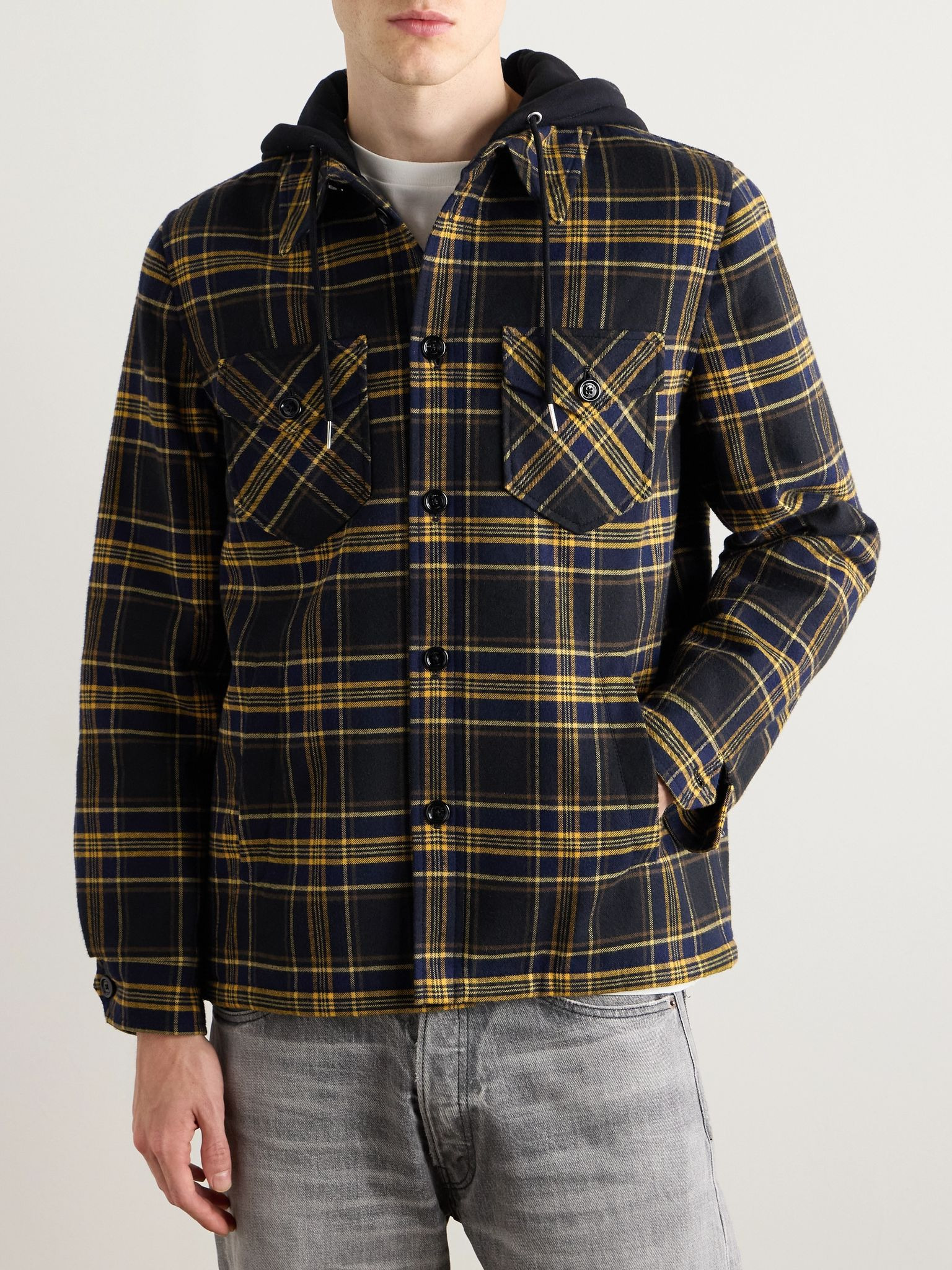 Logo-Print Jersey and Checked Cotton-Flannel Hooded Overshirt Navy - 3