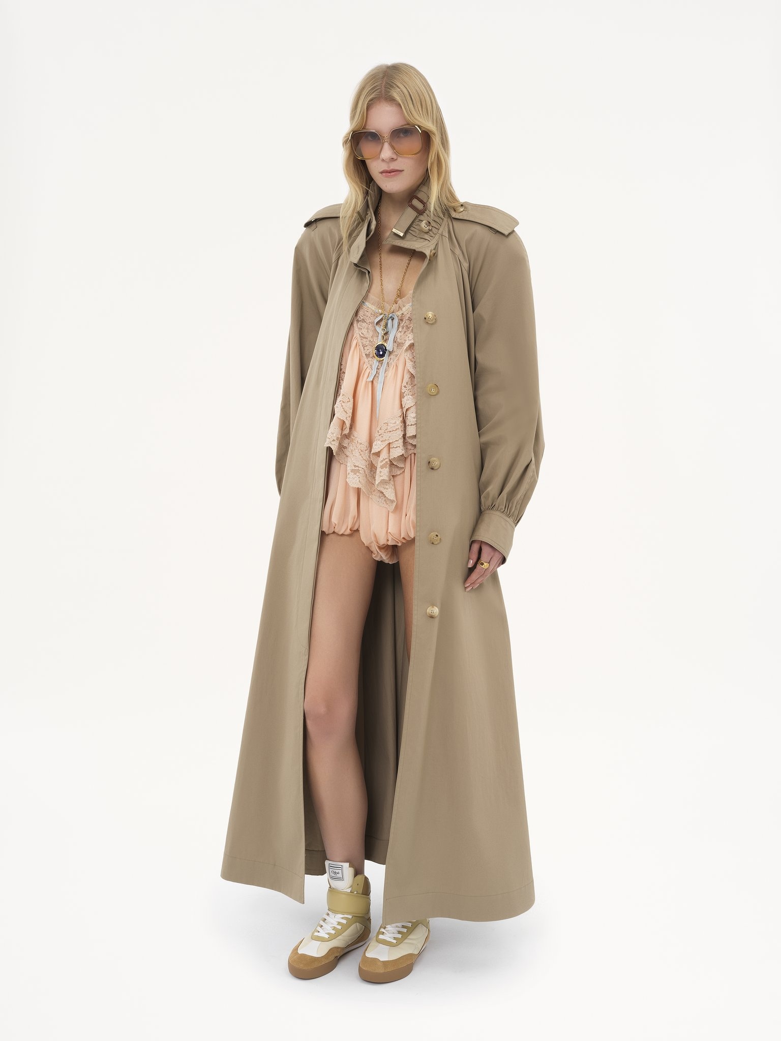 HIGH-NECK LONG TRENCH COAT IN COTTON GABARDINE - 4