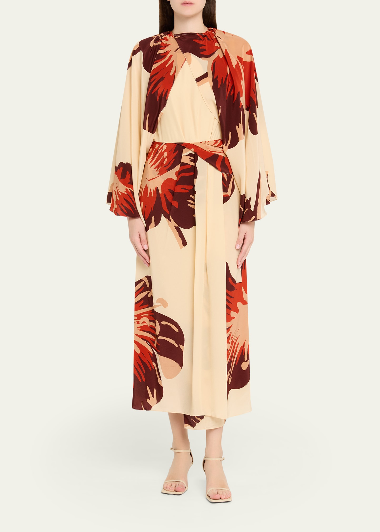 Odyssey Floral Silk Draped Long-Sleeve Ankle Dress - 2
