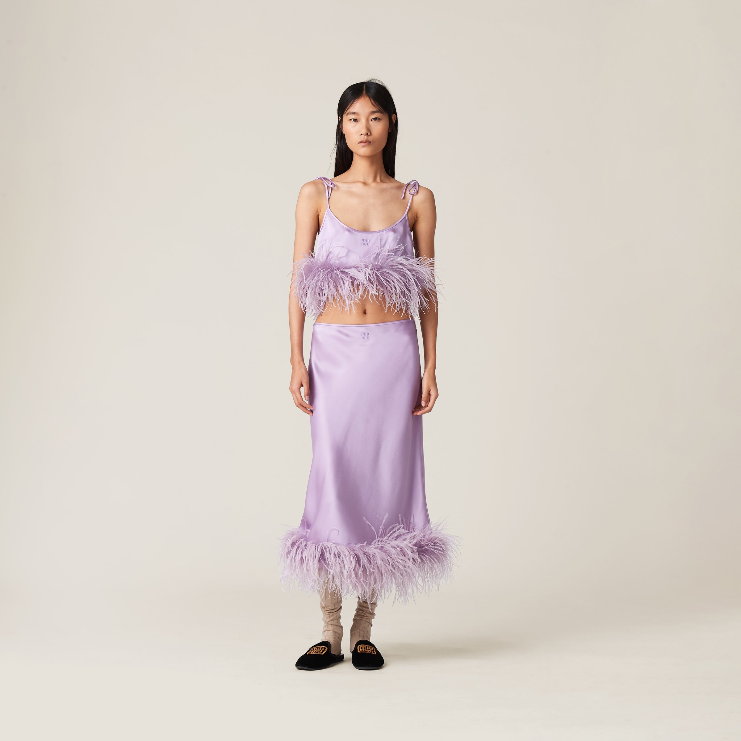 Feather-trimmed satin top - 2