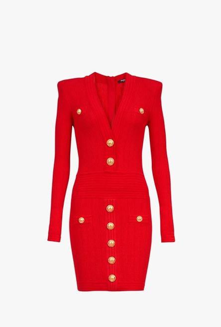 Short red knit dress with gold-tone buttons - 1