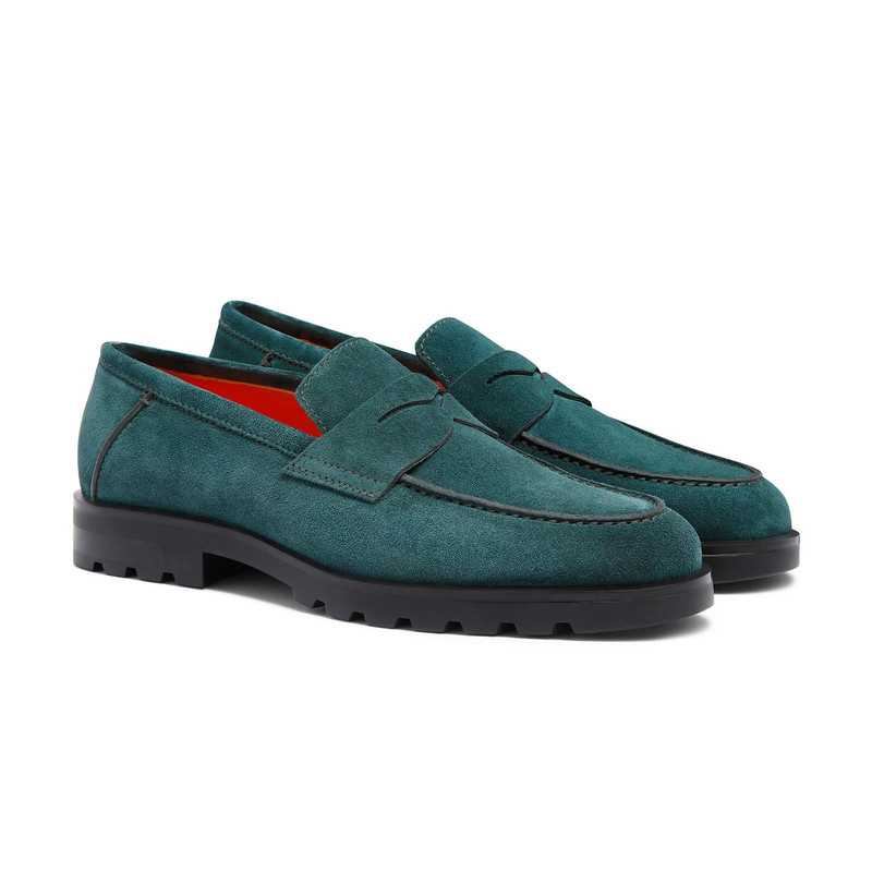 Santoni Men's dark green suede penny loafer outlook