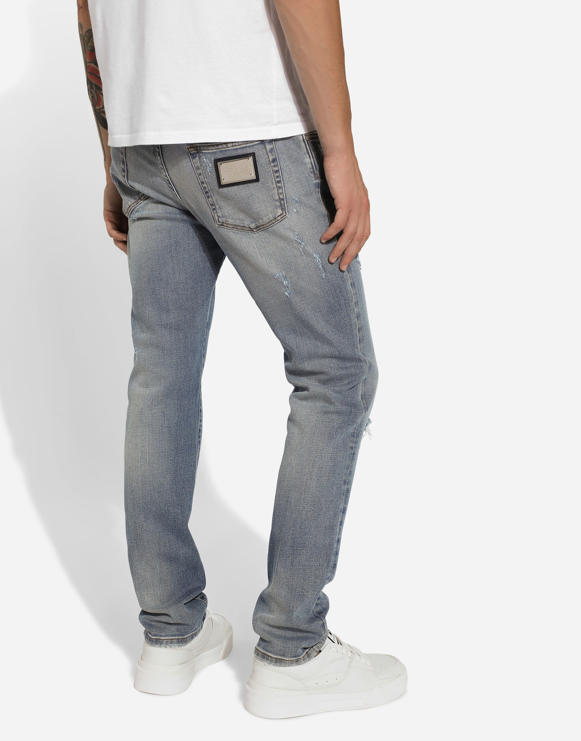 Slim-fit blue stretch denim jeans with abrasions - 4