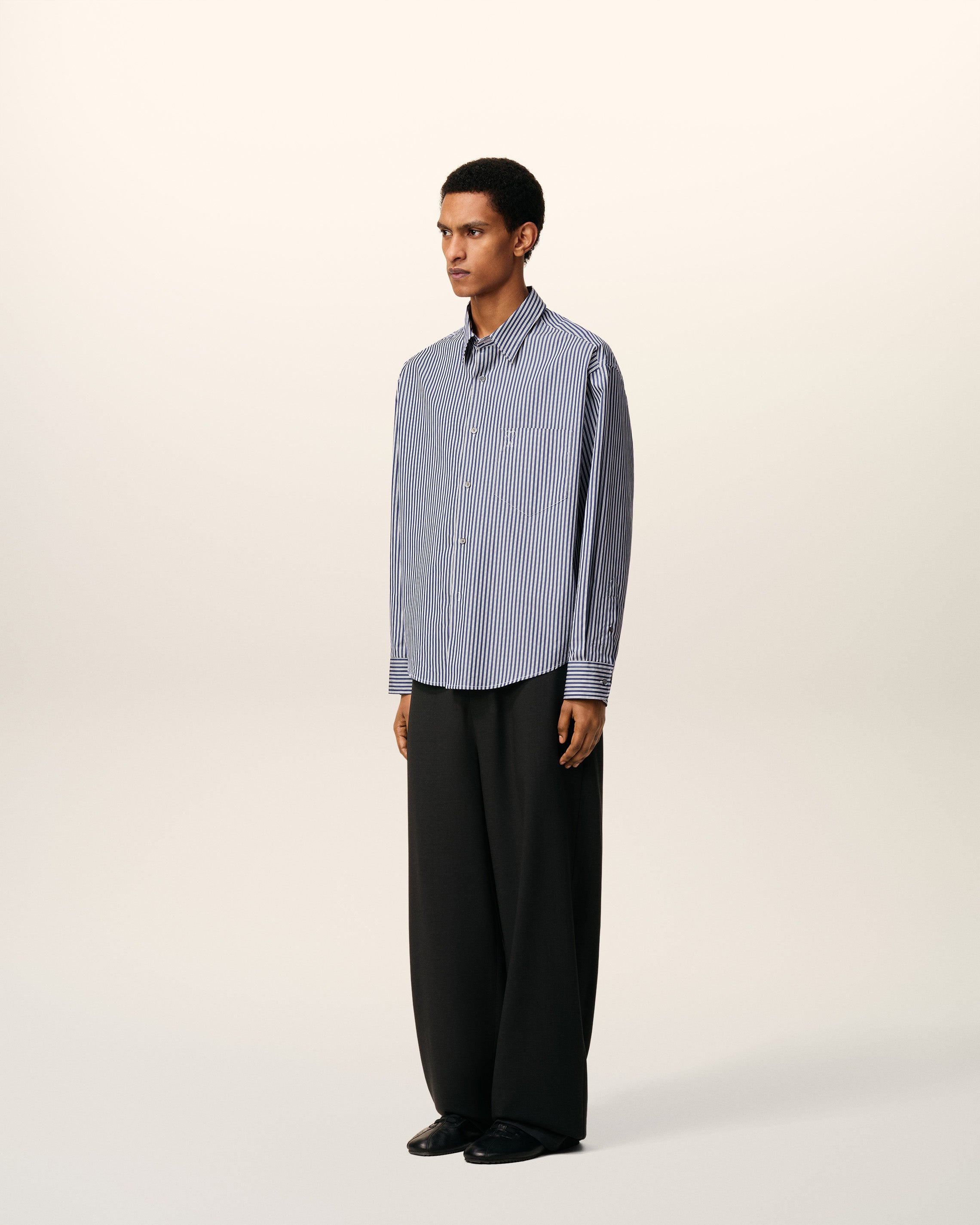 BLUE COTTON EMBOSSED STRIPED AMI DE COEUR BOXY SHIRT - 7
