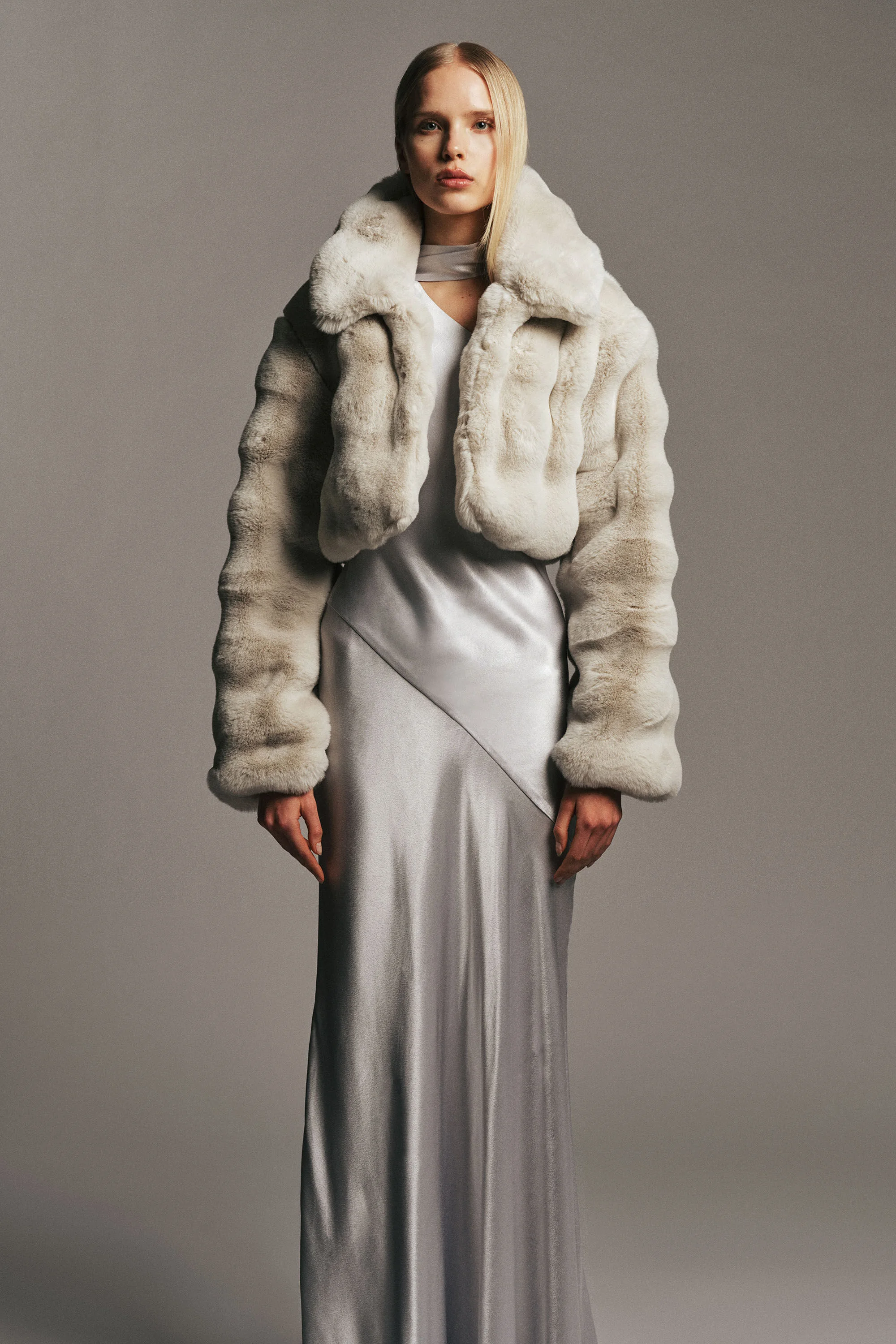 Athera Cropped Faux Fur Jacket In Soft Grey - 1