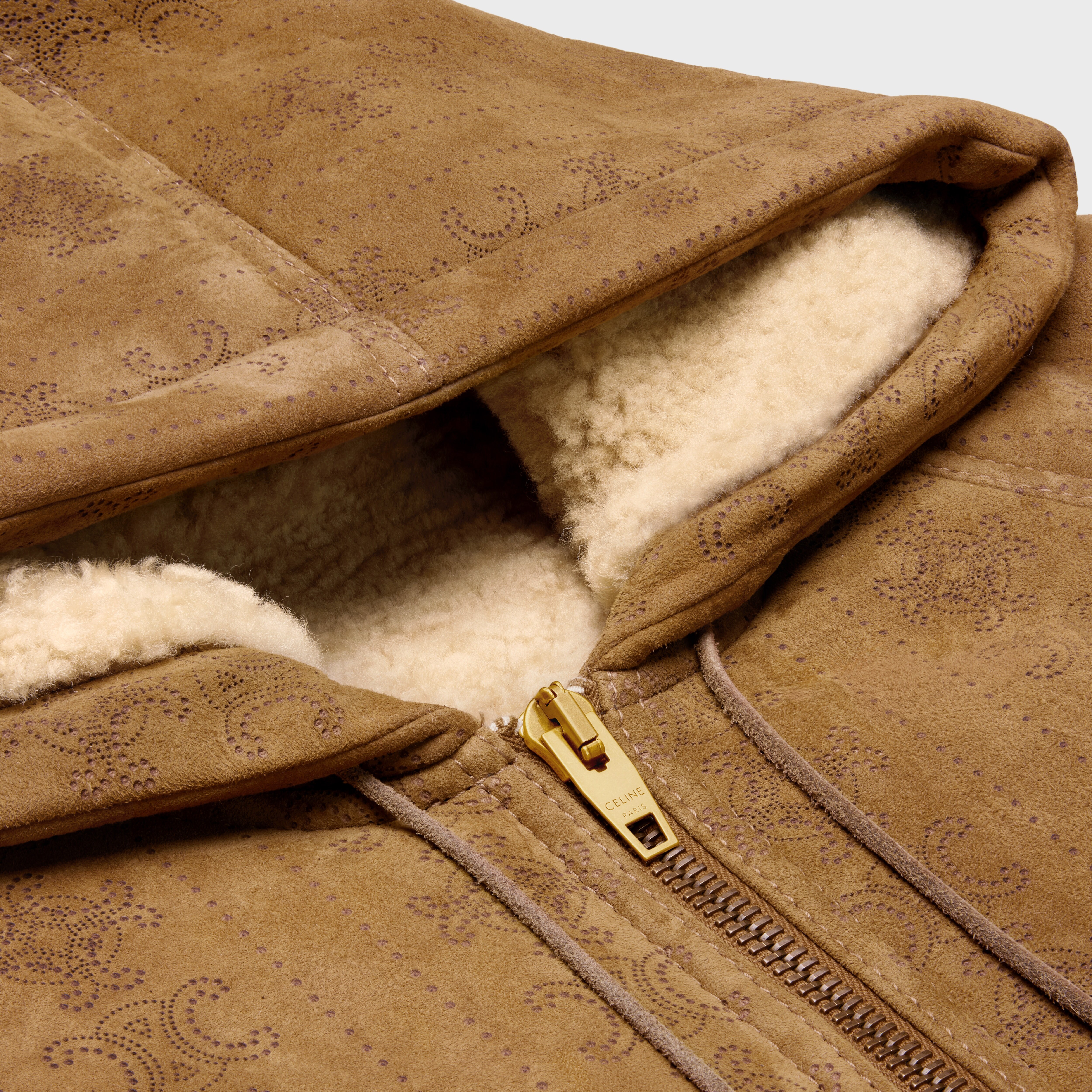 CELINE hooded parka in triomphe curly lambskin | REVERSIBLE