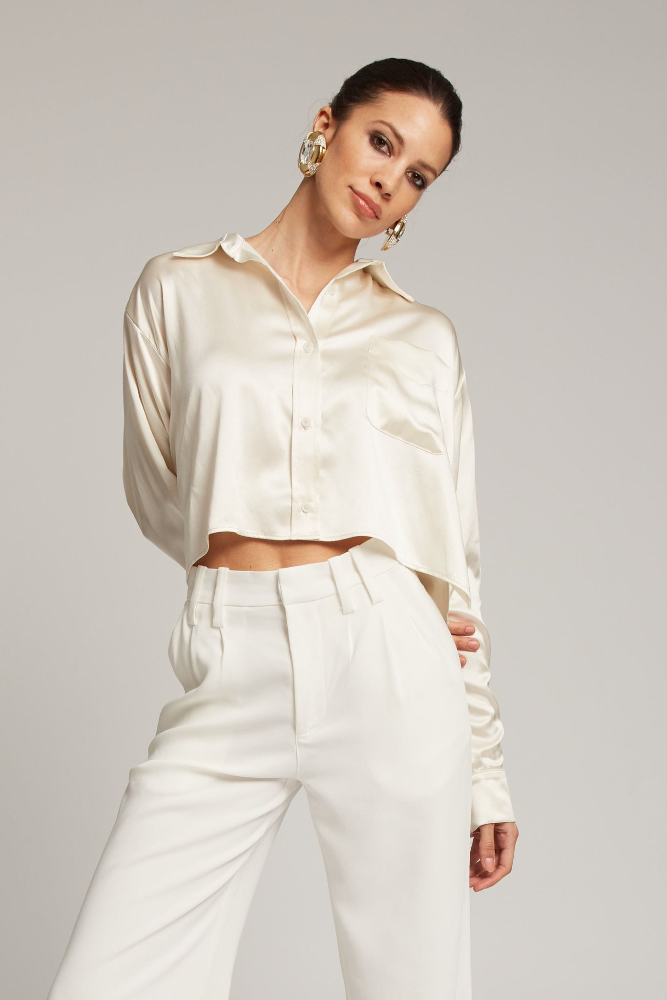 IVORY SILK CROPPED BUTTON DOWN - 1