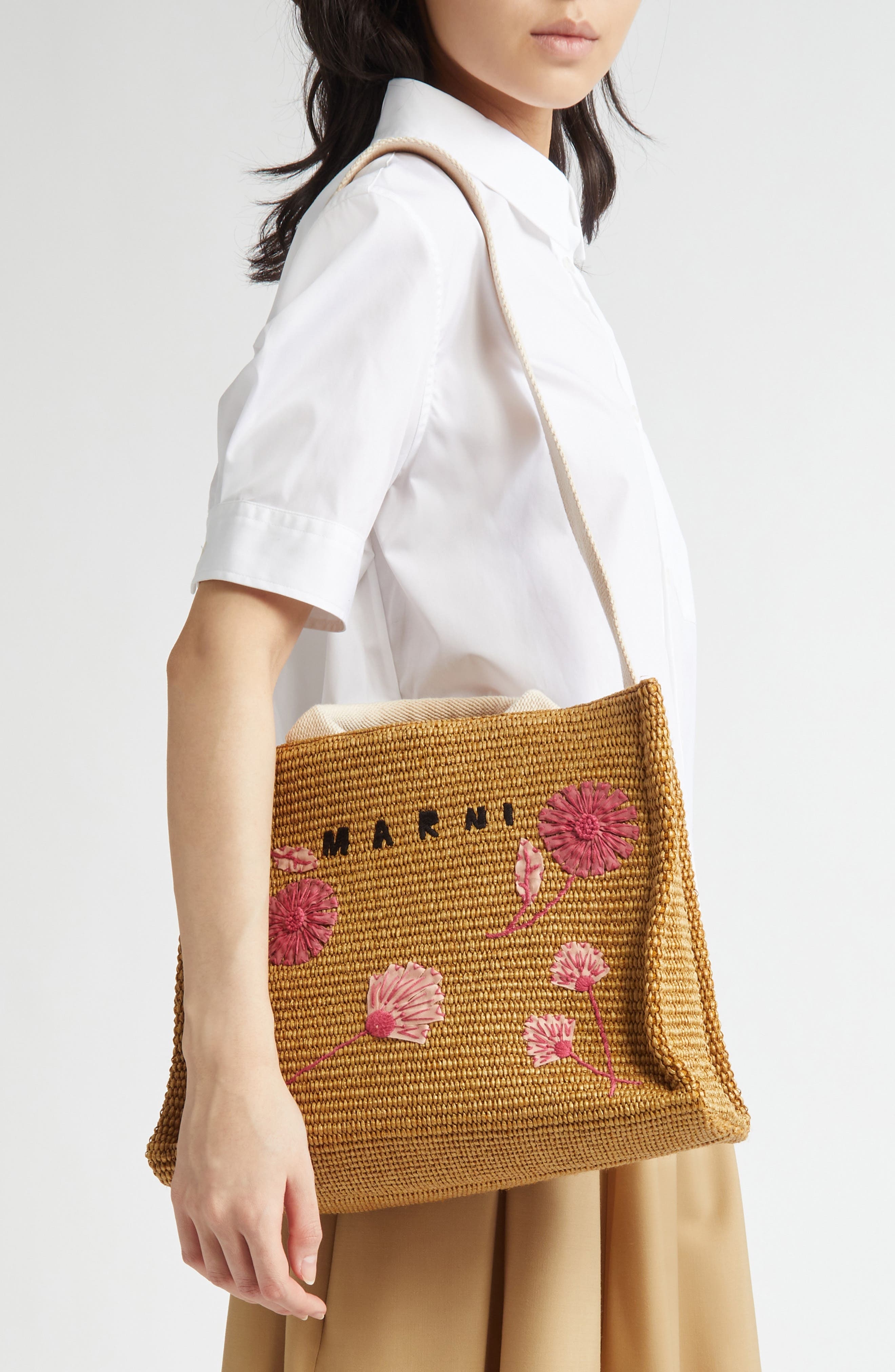 Marni Small Floral Embroidered Logo Raffia Tote in 278 - 2