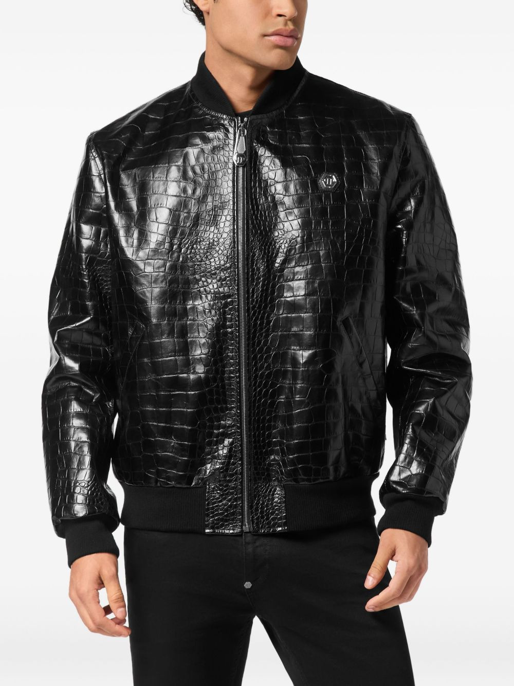 crocodile-effect leather bomber jacket - 3