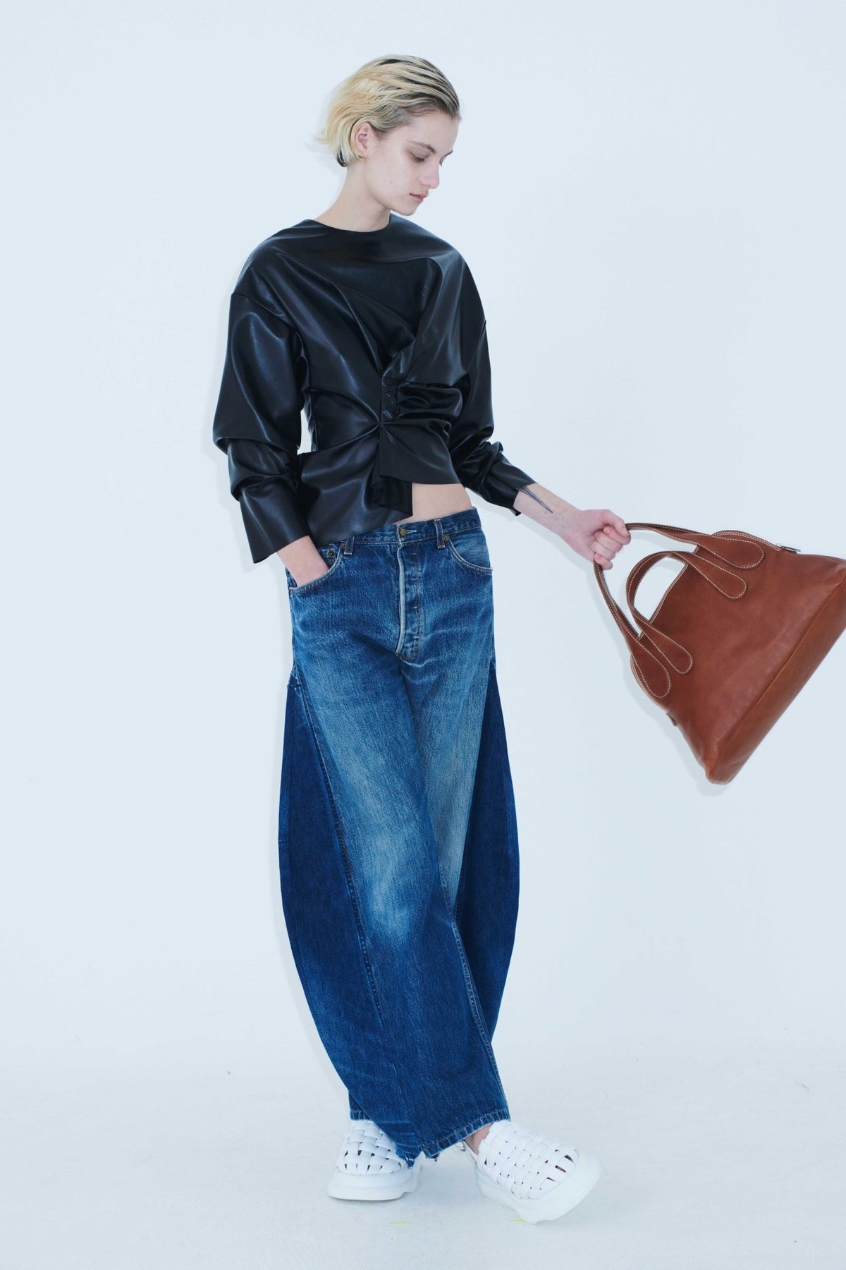UPCYCLED JEANS WITH CURVED SIDE INSERTS BLUE DENIM - 7