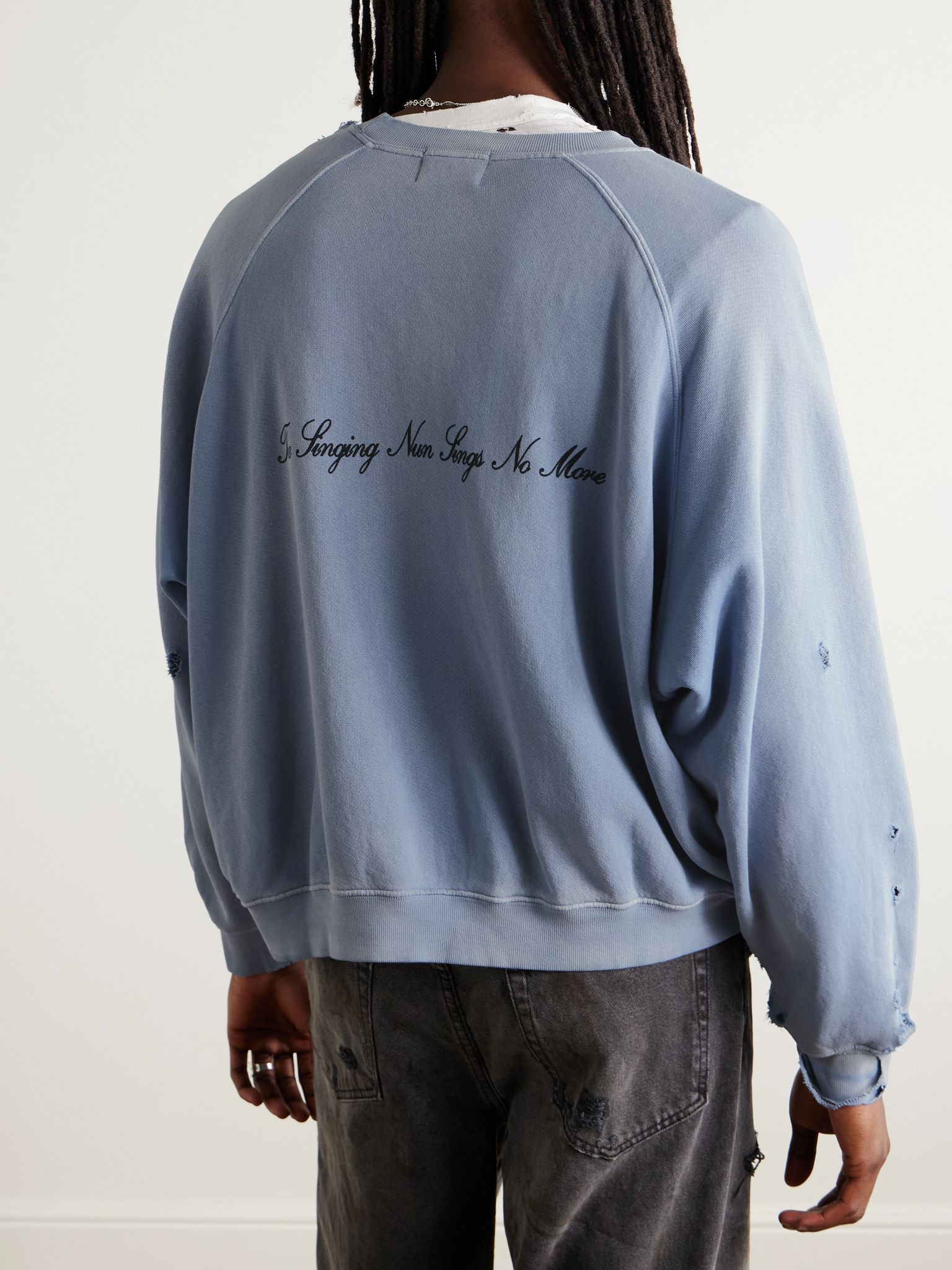 Singing Woman Distressed Printed Garment-Dyed Cotton-Jersey Sweatshirt Blue - 3