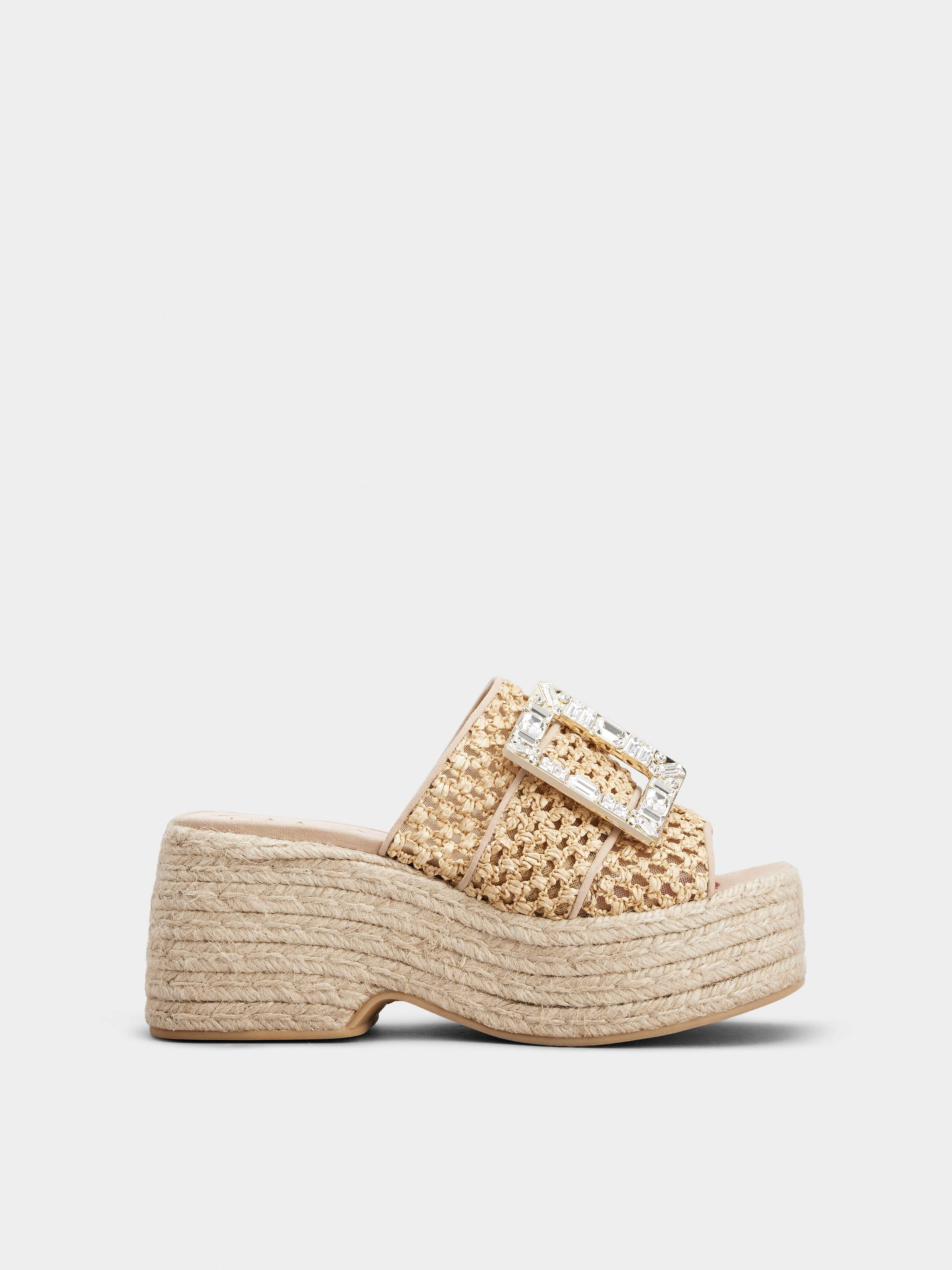 Rhinestone Buckle Espadrille Platform Mules in Raffia - 1