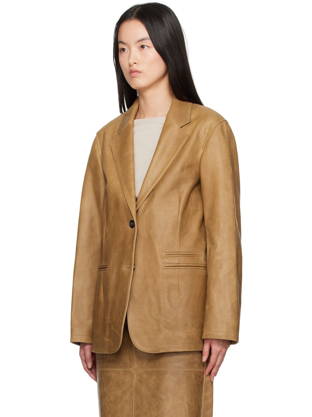 Tan Opening Leather Blazer - 4