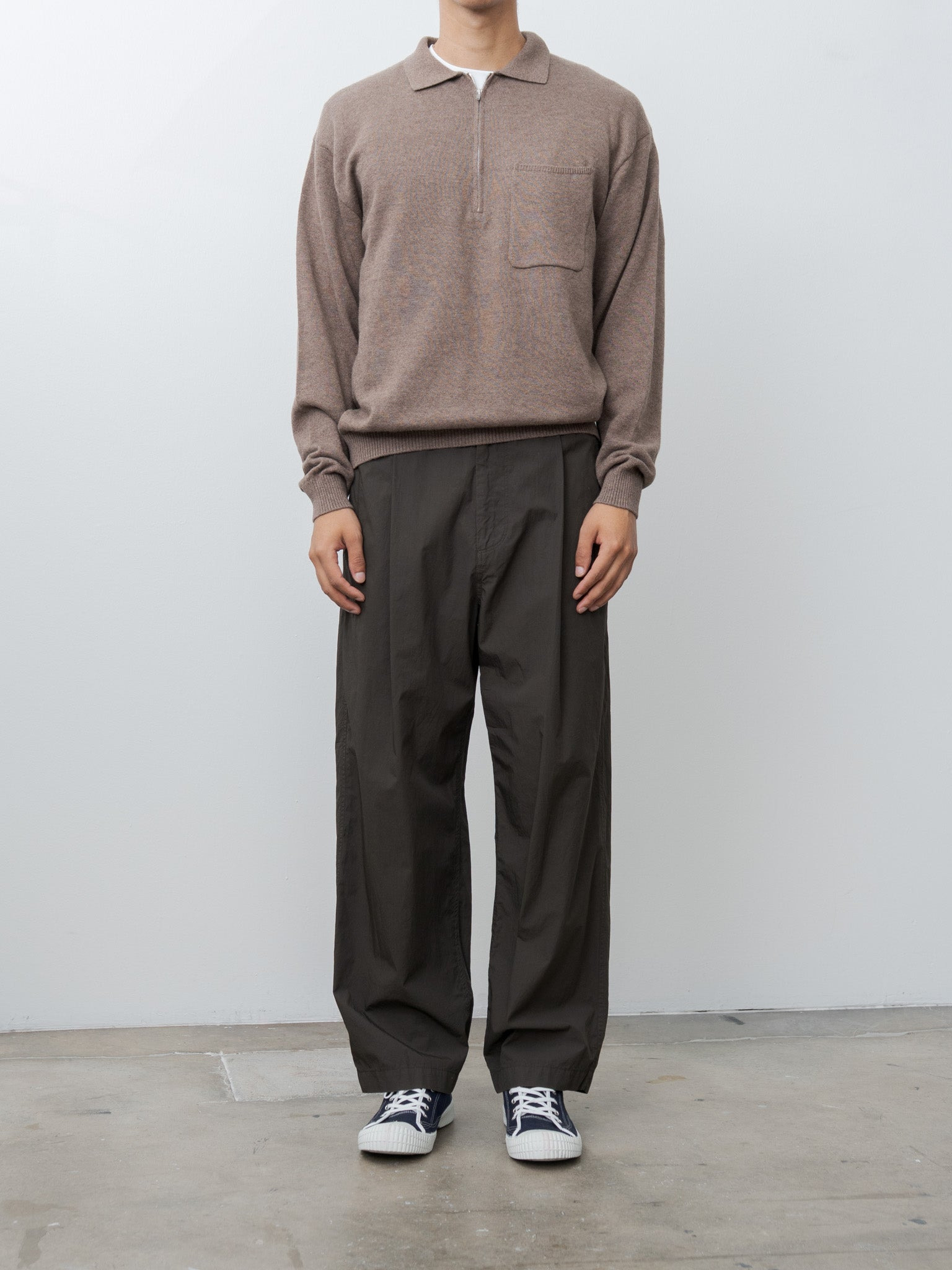 Linen Wool Brushed Zip Up Polo Sweater - Camel - 3