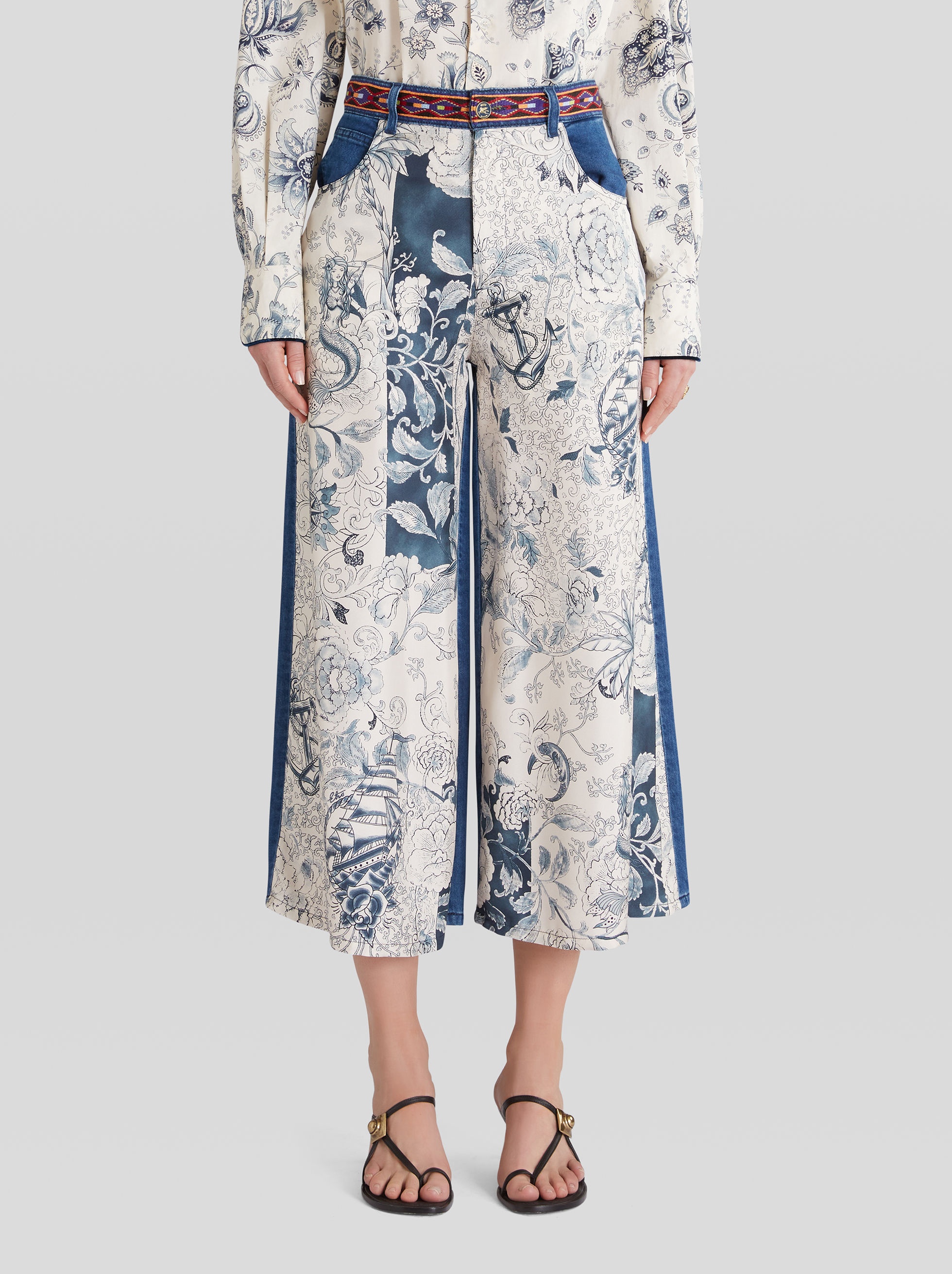 DENIM AND PRINTED SILK CULOTTES - 2