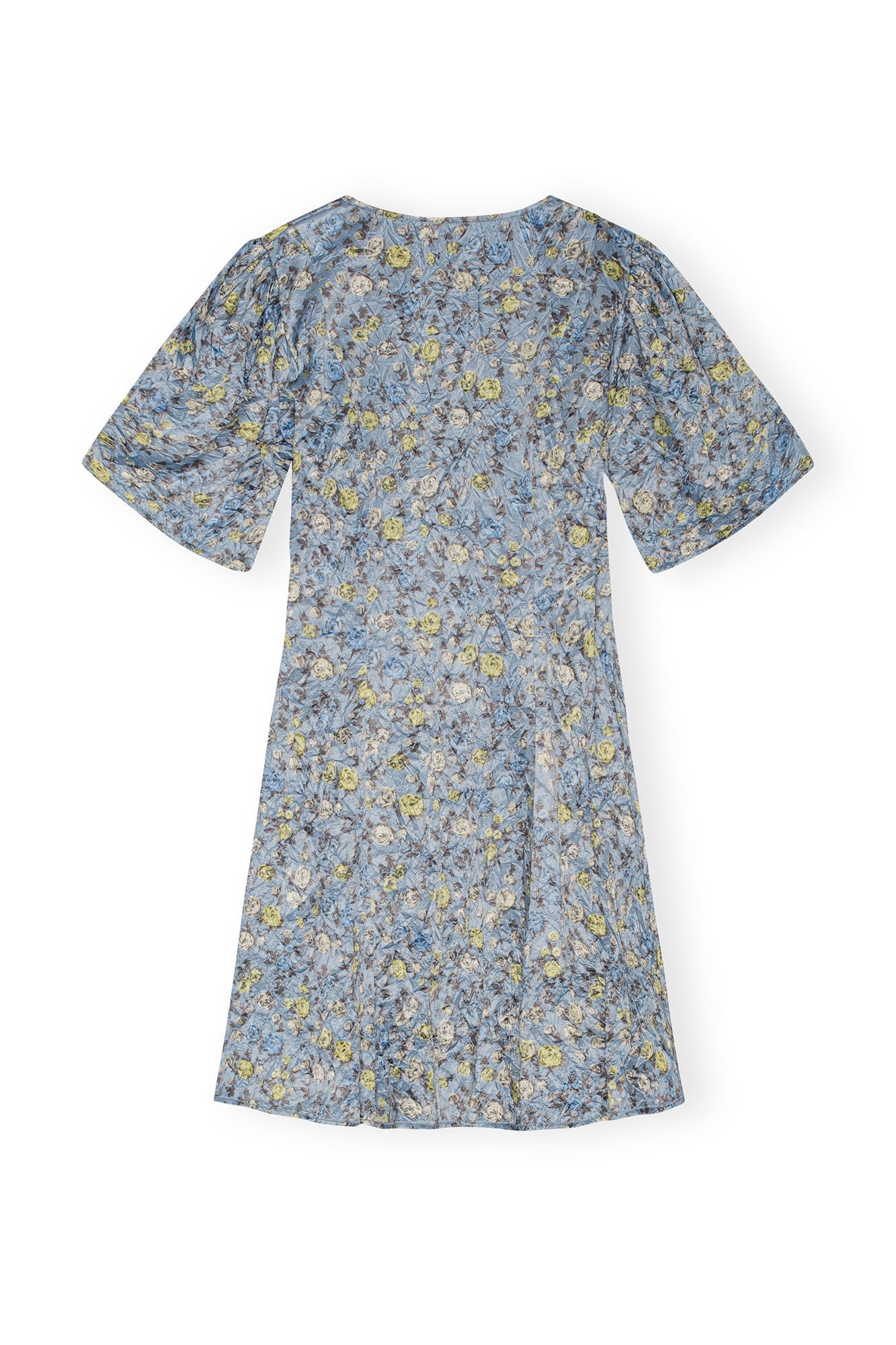 BLUE FLORAL PRINTED CRINKLED SATIN MINI WRAP DRESS - 3