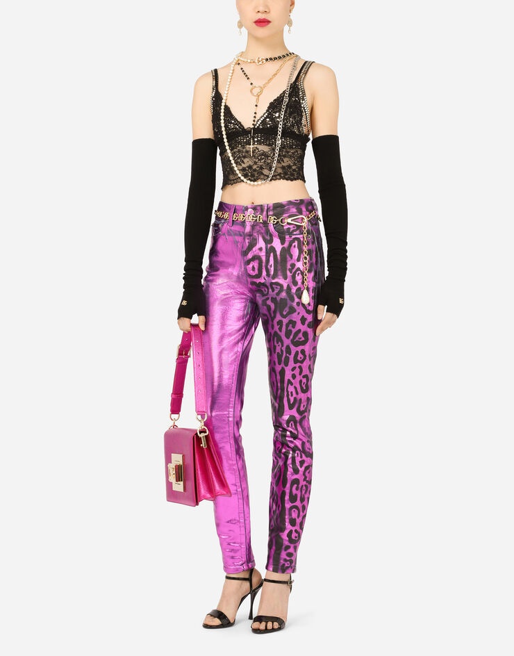 Foiled denim jeans with neon leopard print - 6