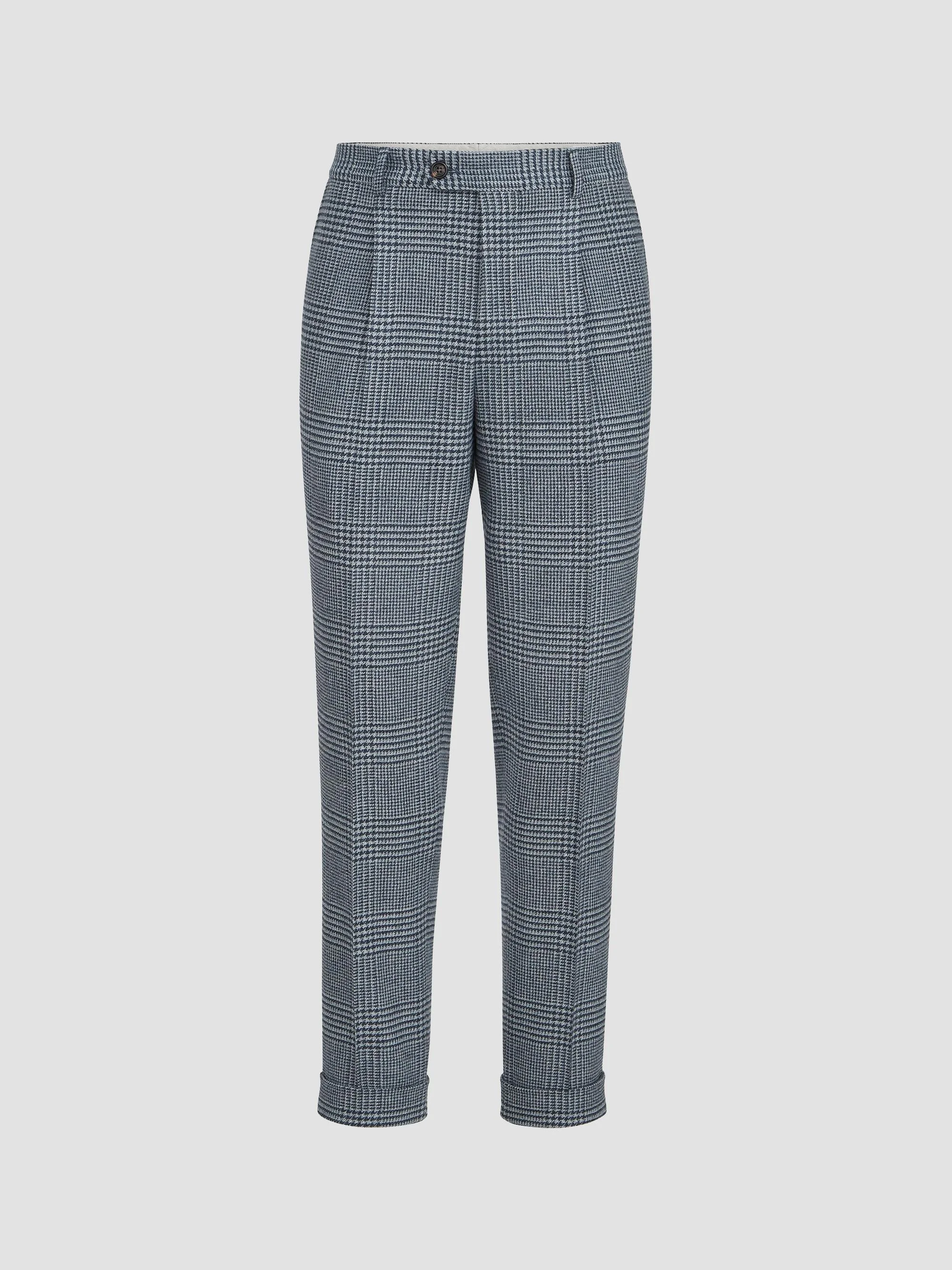 Men's Comfort Wool and Cashmere Prince of Wales Flannel Trousers - Cerulean - 1