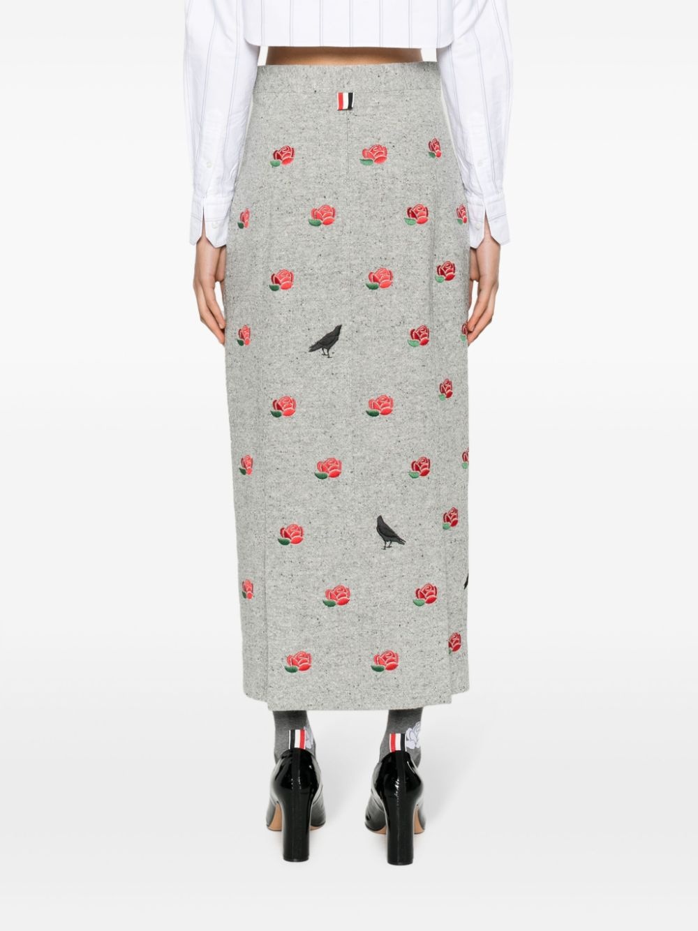 rose-embroidered wool pencil skirt - 4