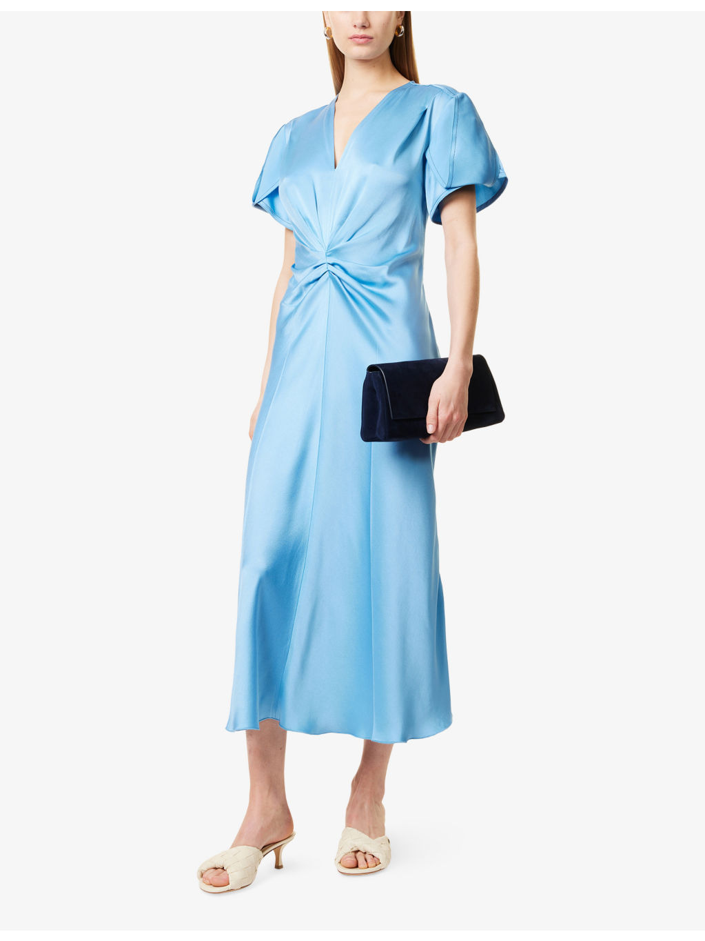 Draped Pleat V-Neck Satin Midi Dress - 2