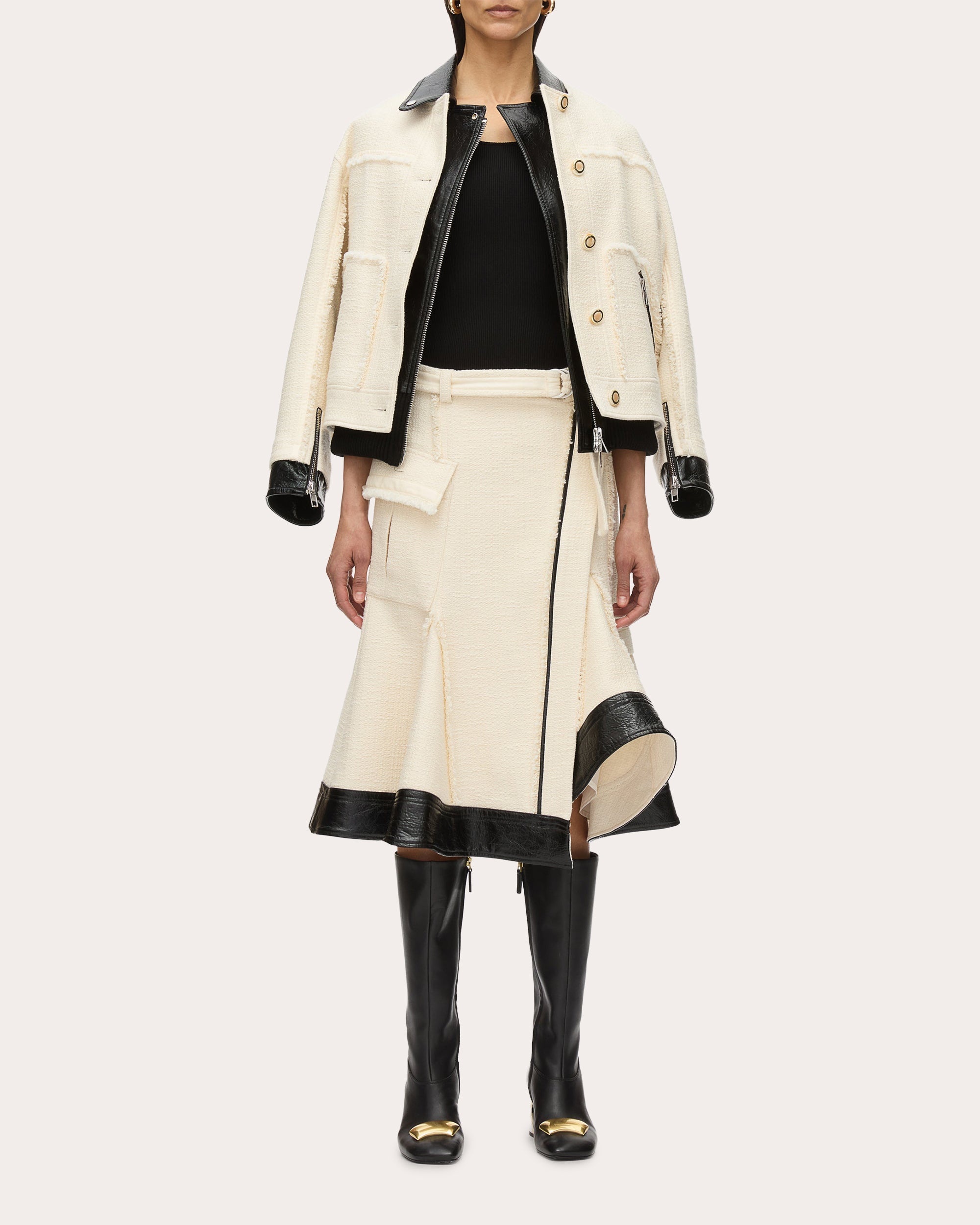 Belted Faux Leather-Trim Tweed Skirt - 5