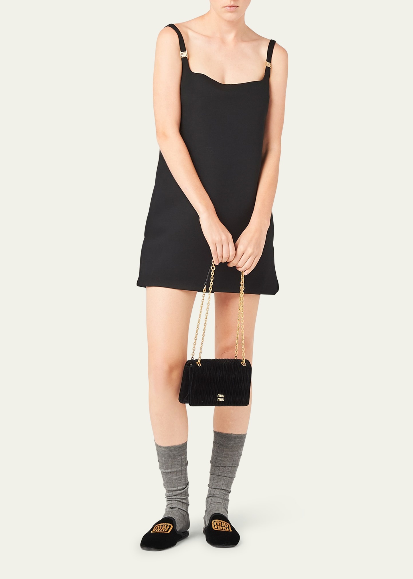 Miu Miu Square-Neck Wool Mini Dress with Logo Hardware