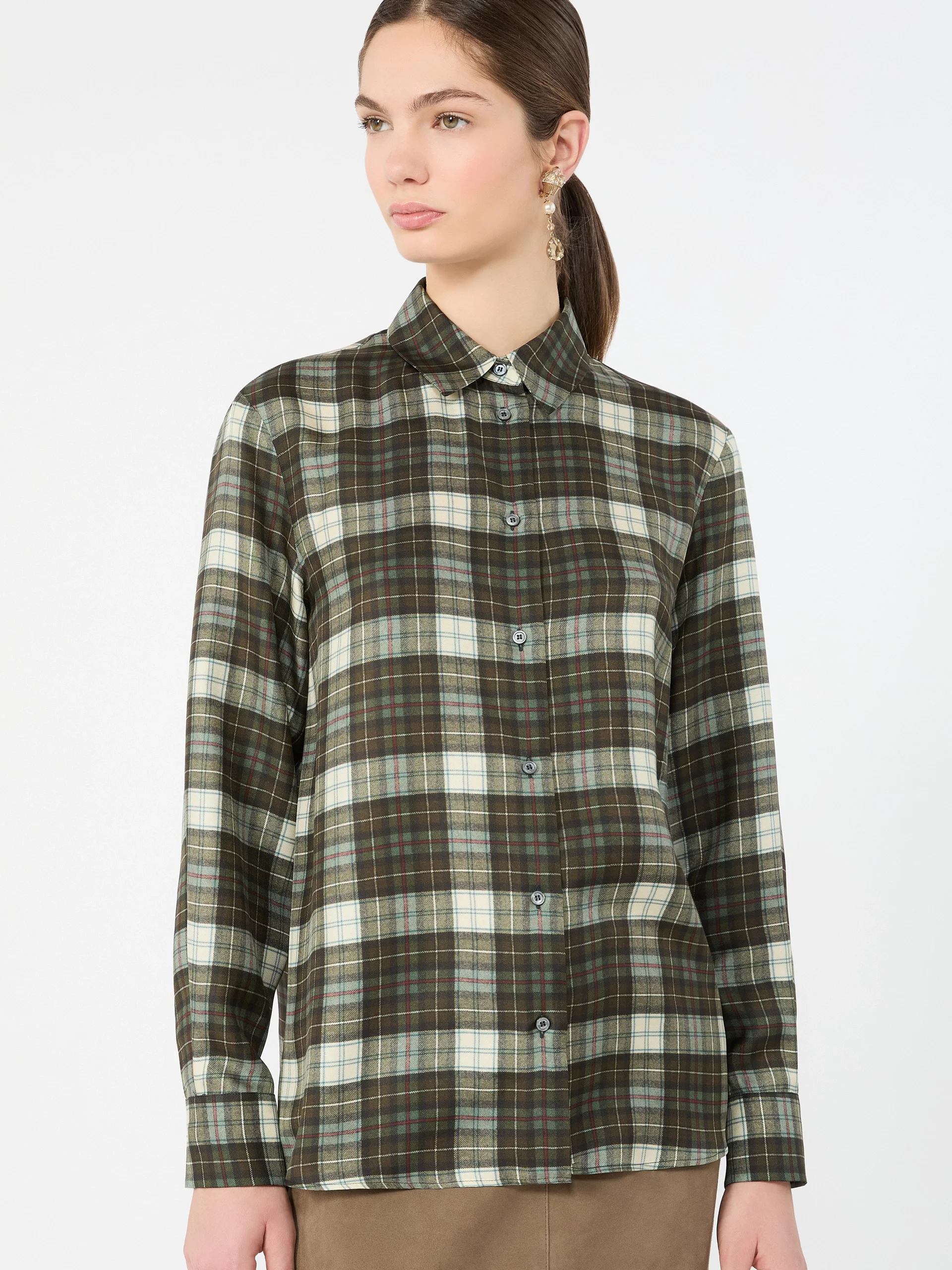 RETE Checked silk twill shirt - KAKI - 1