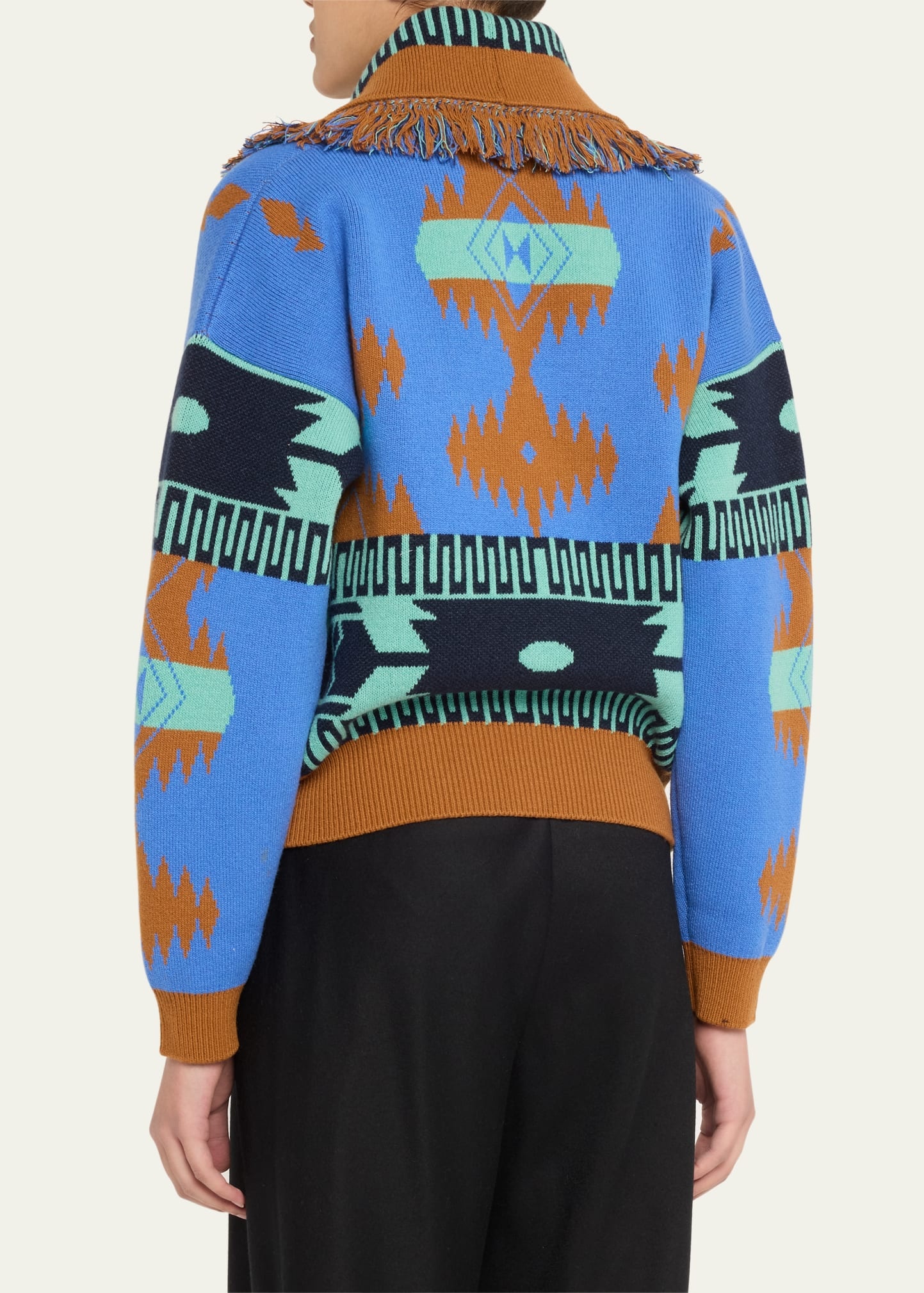 Icon Jacquard Fringe Wool Cashmere Bomber Cardigan - 3